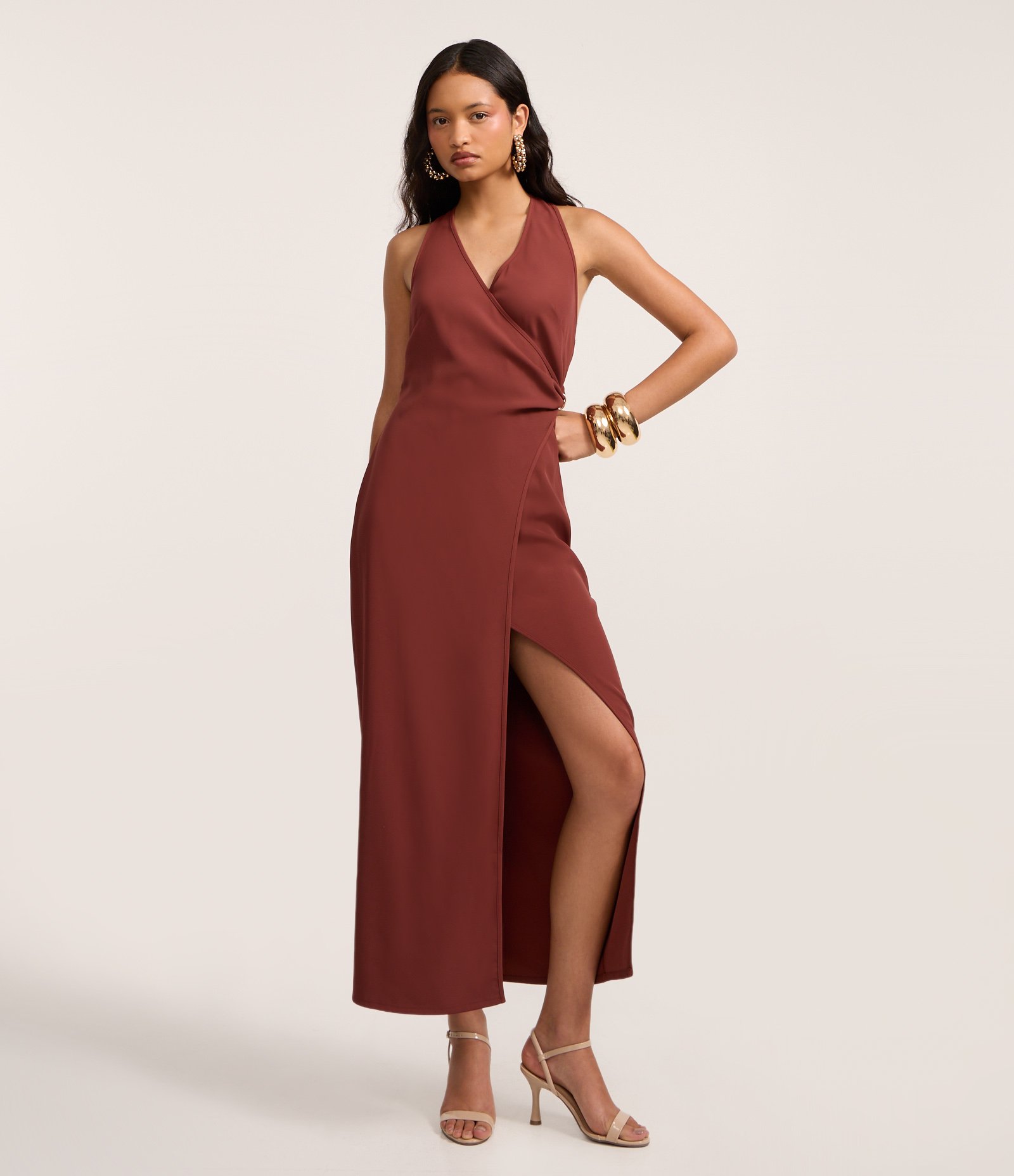 Vestido Longo Reto Alfaiatado com Decote Transpassado Marrom 1