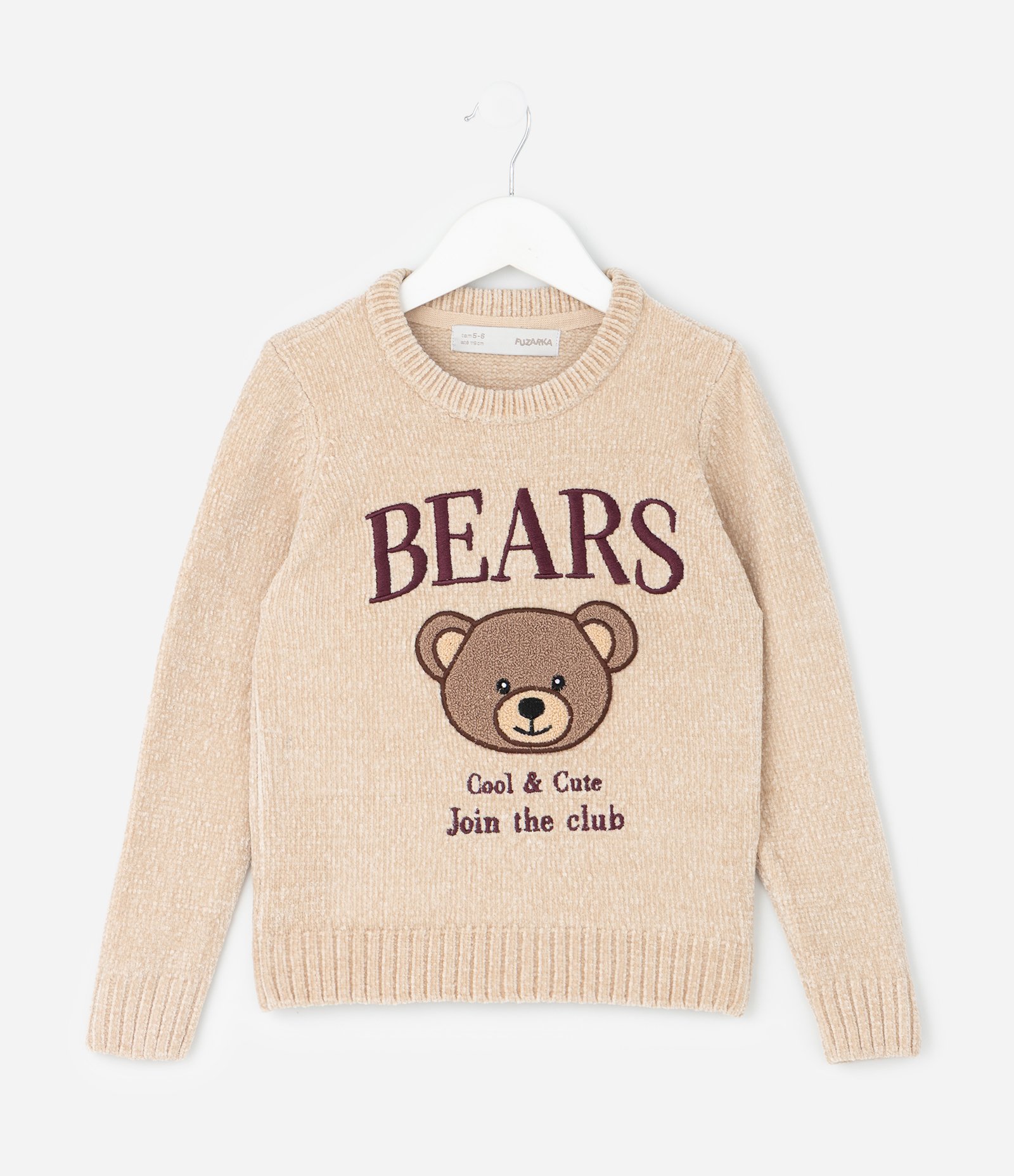 Casaco Infantil em Chenille com Bordado de Ursinho – Tam 5 a 14 Anos Bege Claro 1