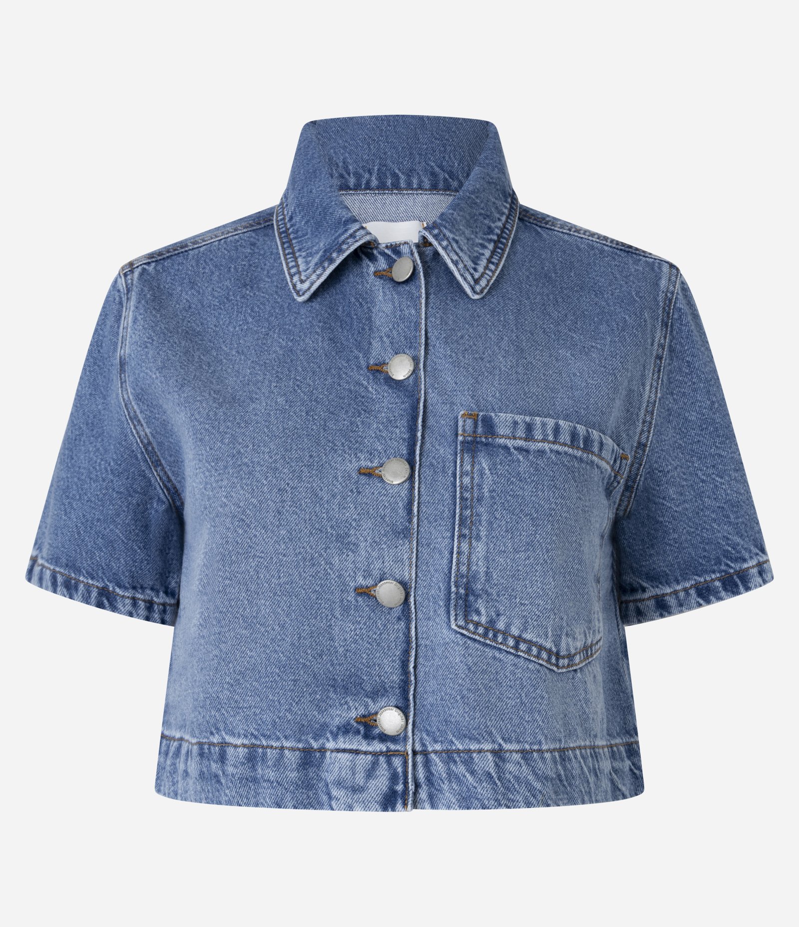 Camisa Cropped em Jeans com Botões e Bolso Médio 1