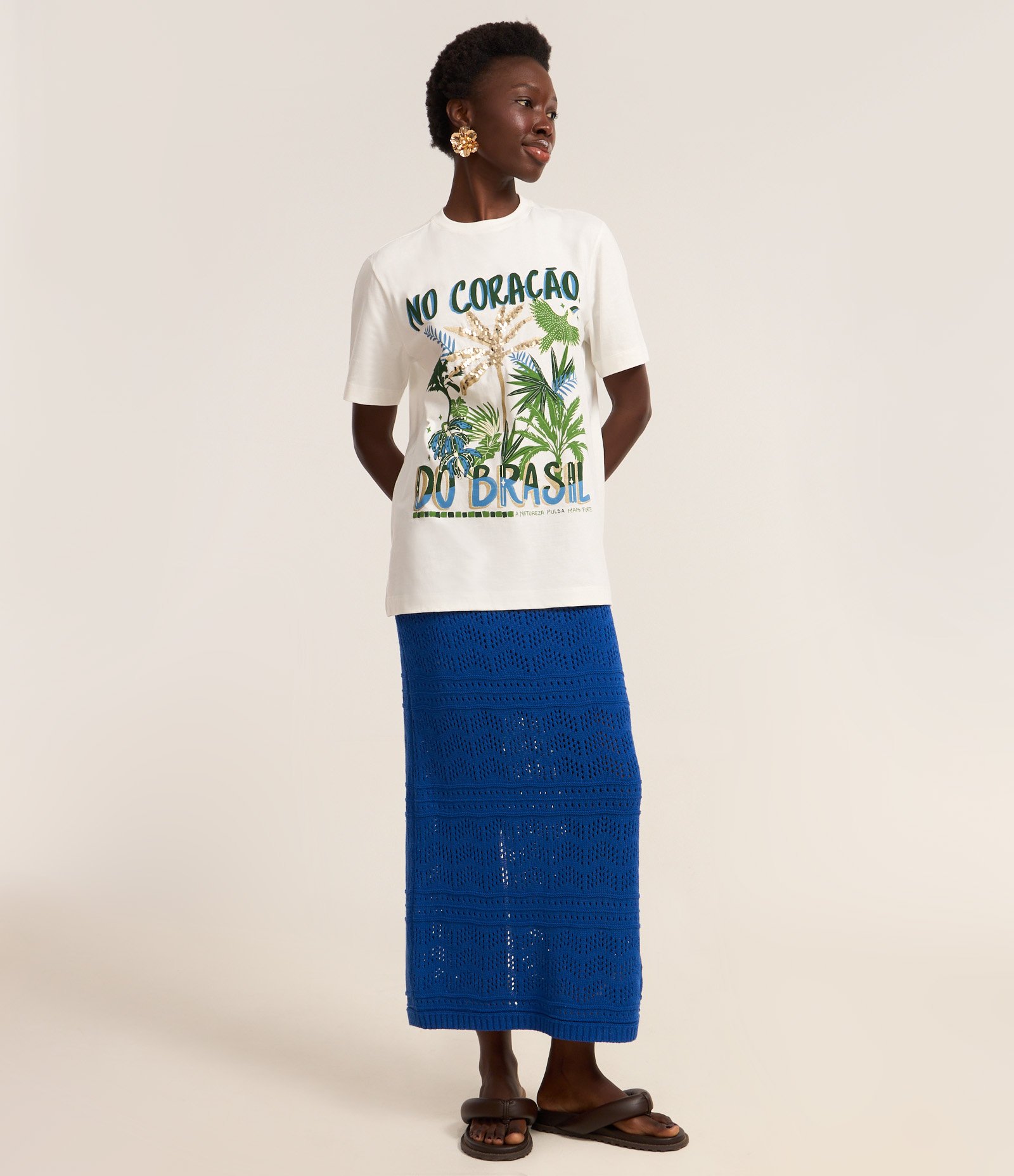 Camiseta T-shirt em Algodão com Paetê No Coração do Brasil Branco 3