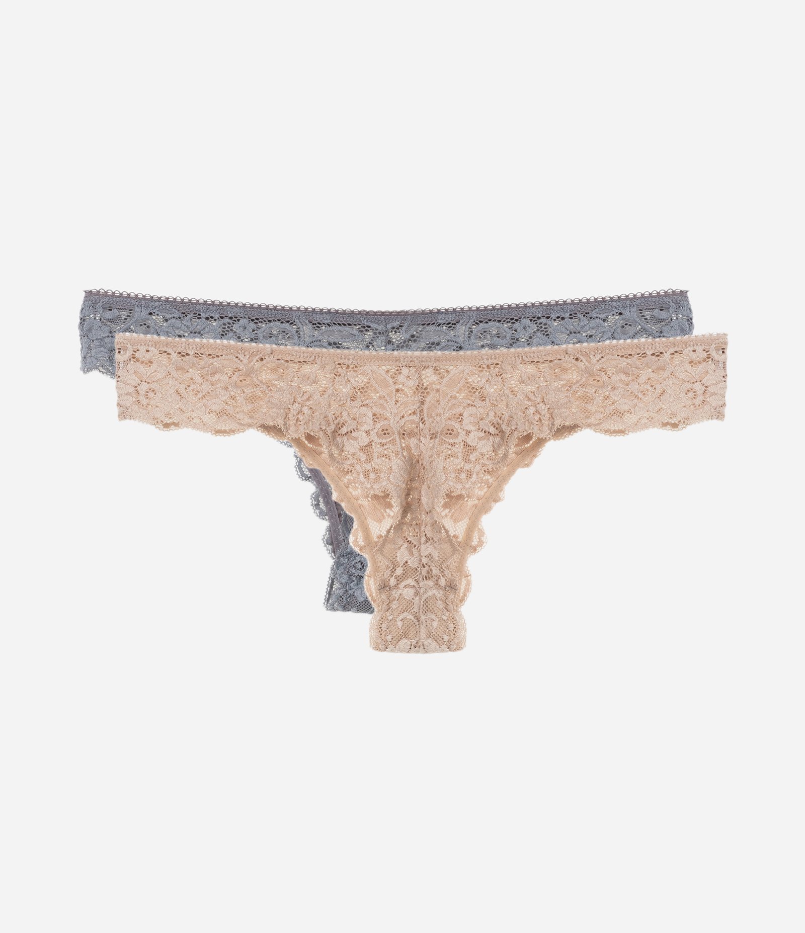 Kit 02 Calcinhas Biquíni Fio Duplo em Renda Floral Bege/Cinza 2