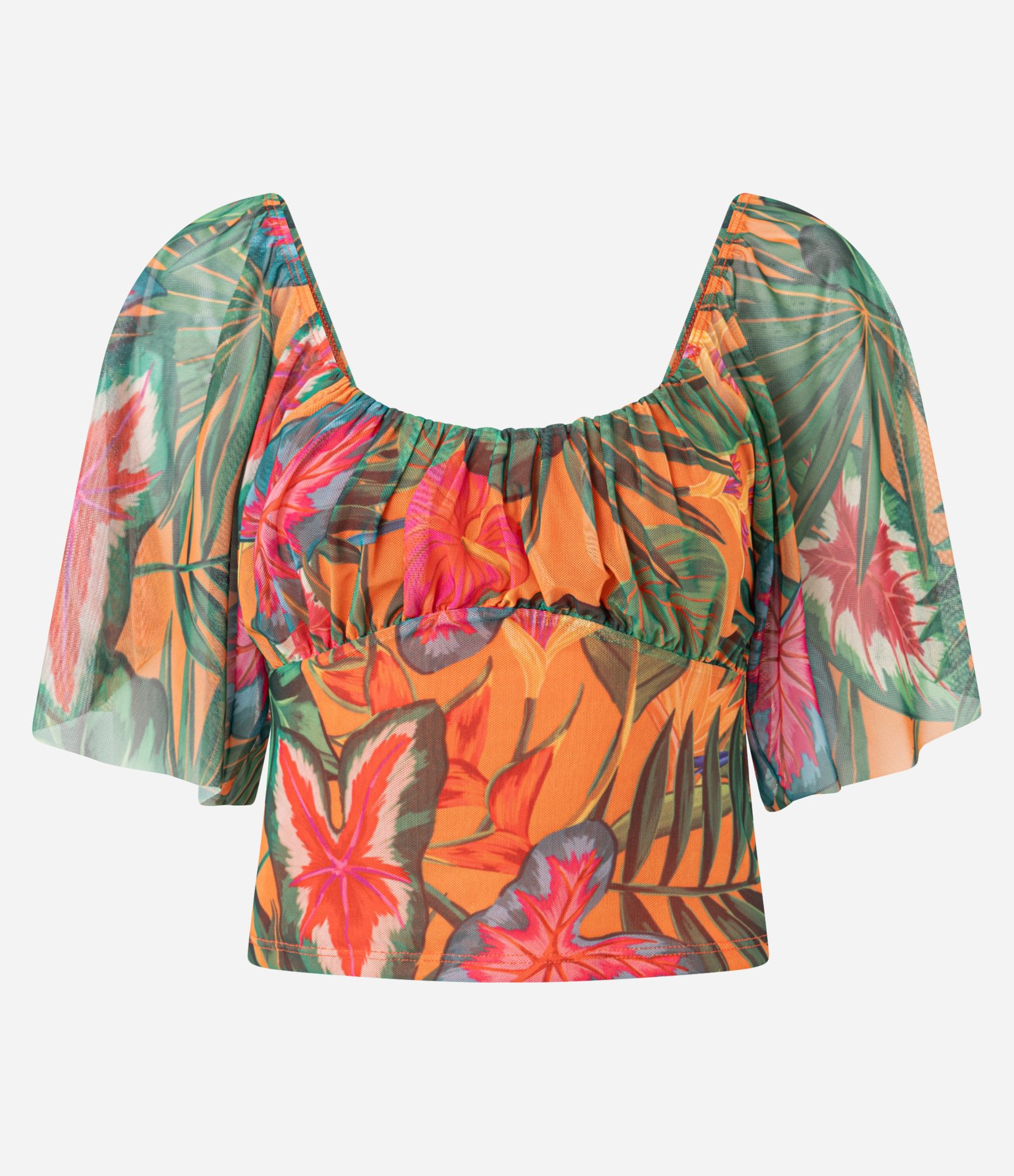 Blusa Cropped em Tule com Manga Godê e Estampa Folhagem Multicores 6