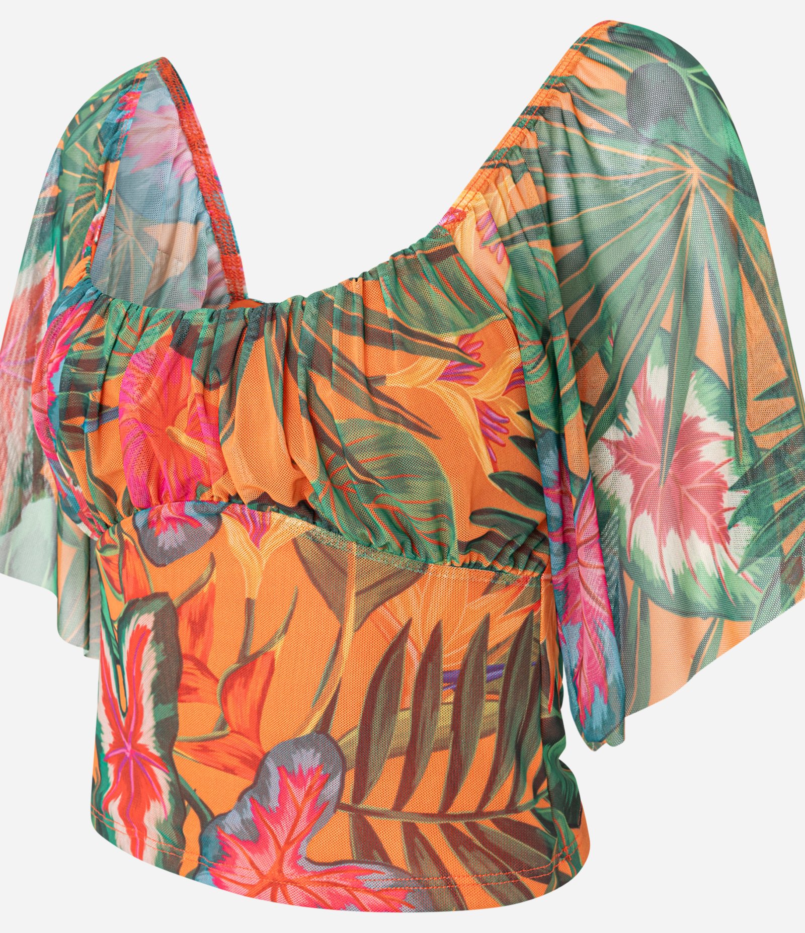 Blusa Cropped em Tule com Manga Godê e Estampa Folhagem Multicores 7