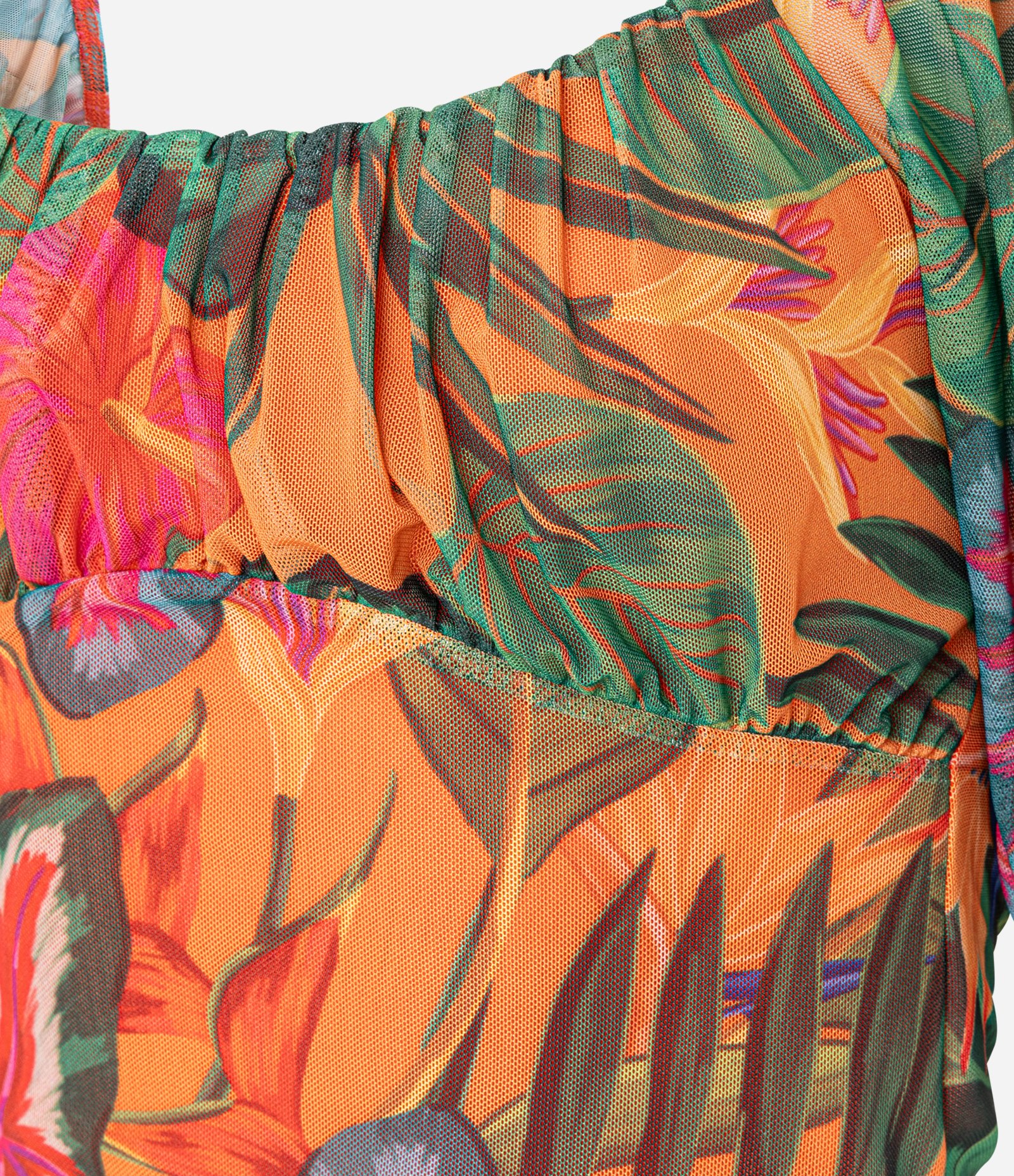 Blusa Cropped em Tule com Manga Godê e Estampa Folhagem Multicores 8