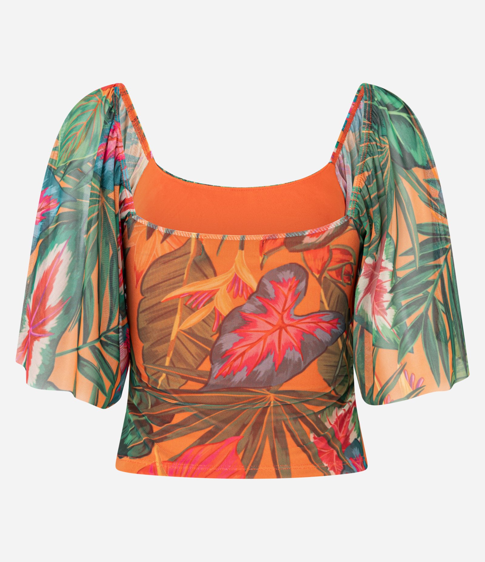 Blusa Cropped em Tule com Manga Godê e Estampa Folhagem Multicores 9