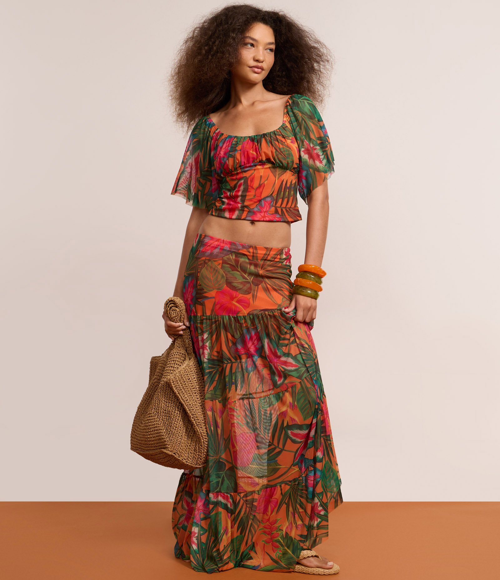 Saia Long Midi em Tule com Estampa Tropical Laranja 5