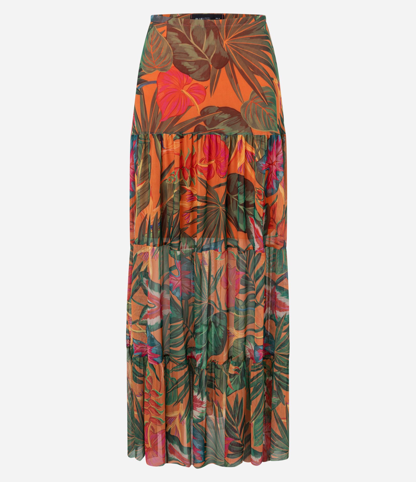 Saia Long Midi em Tule com Estampa Tropical Laranja 6