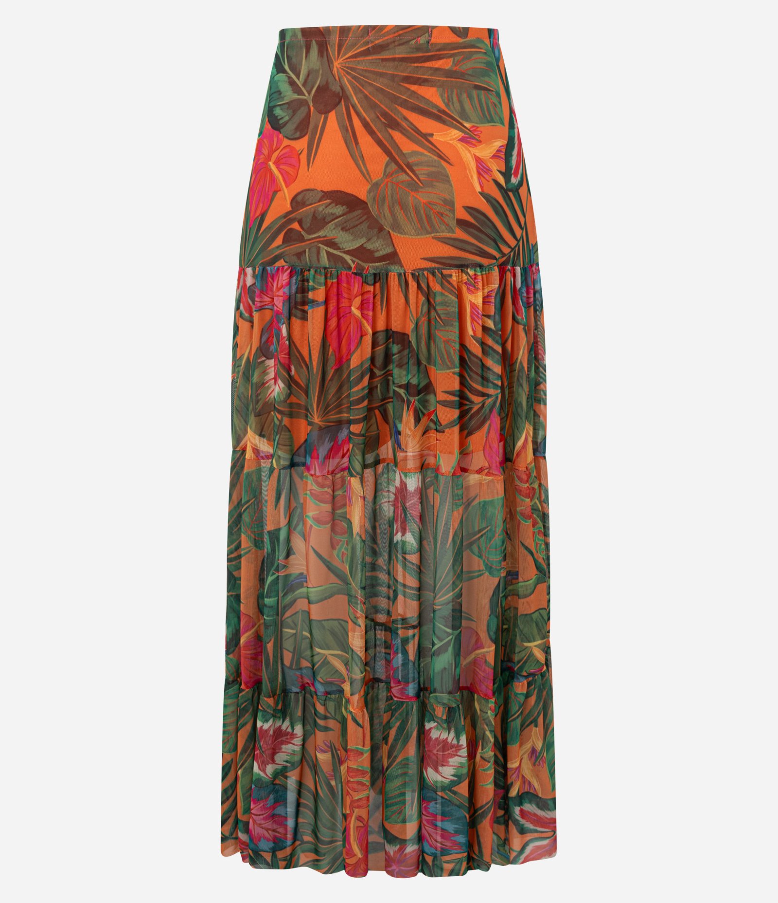 Saia Long Midi em Tule com Estampa Tropical Laranja 7