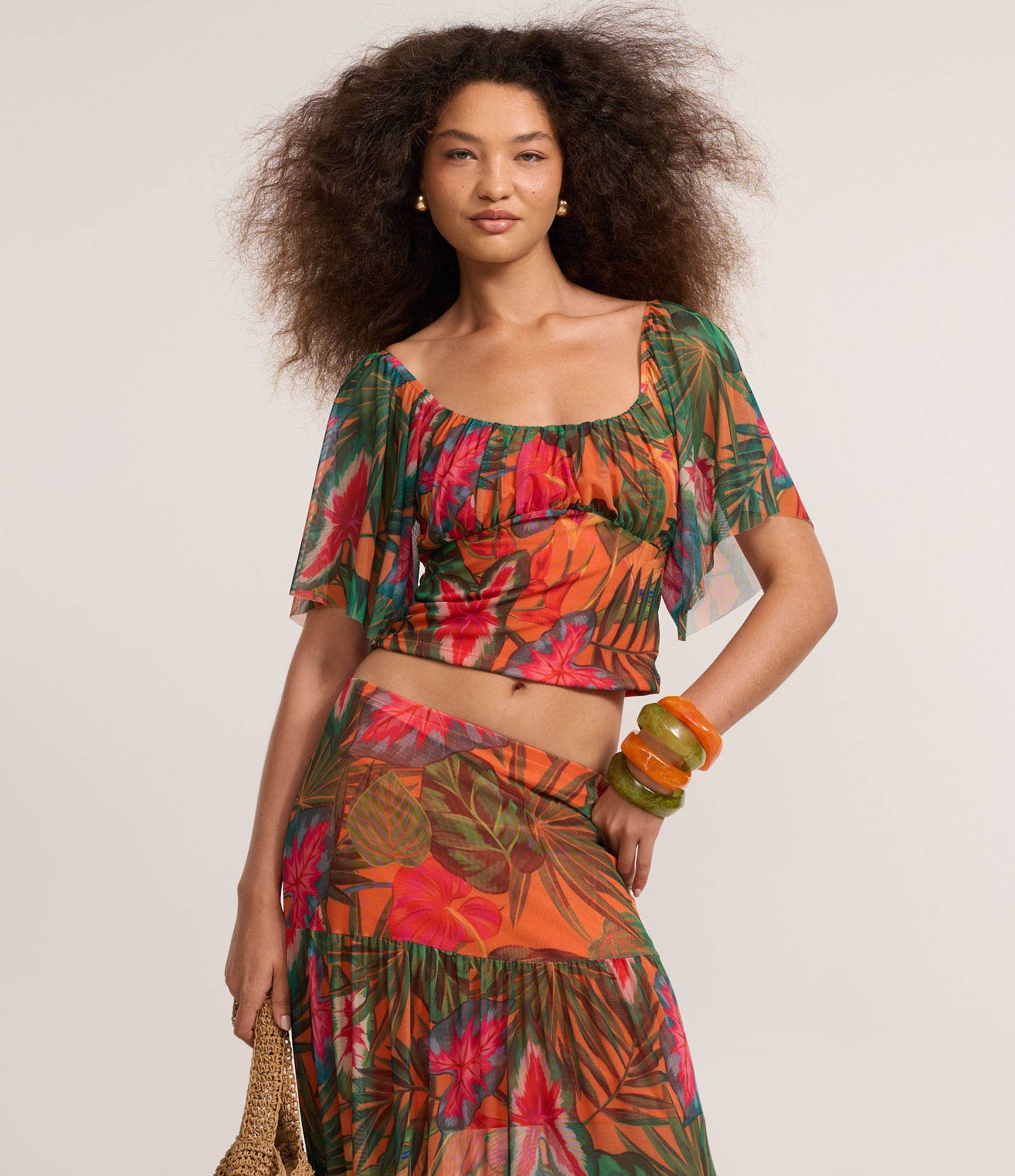 Saia Long Midi em Tule com Estampa Tropical Laranja 2