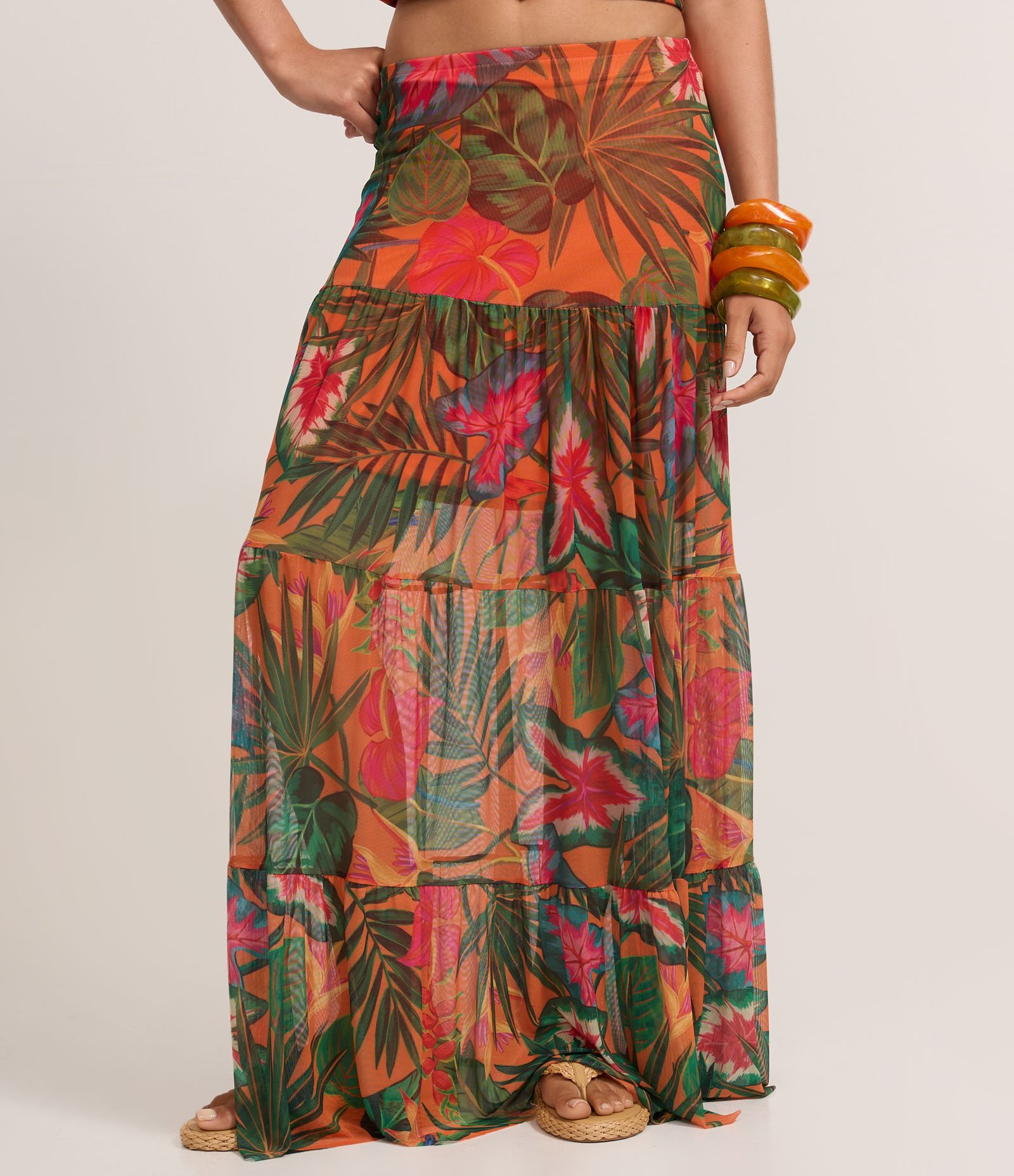 Saia Long Midi em Tule com Estampa Tropical Laranja 3
