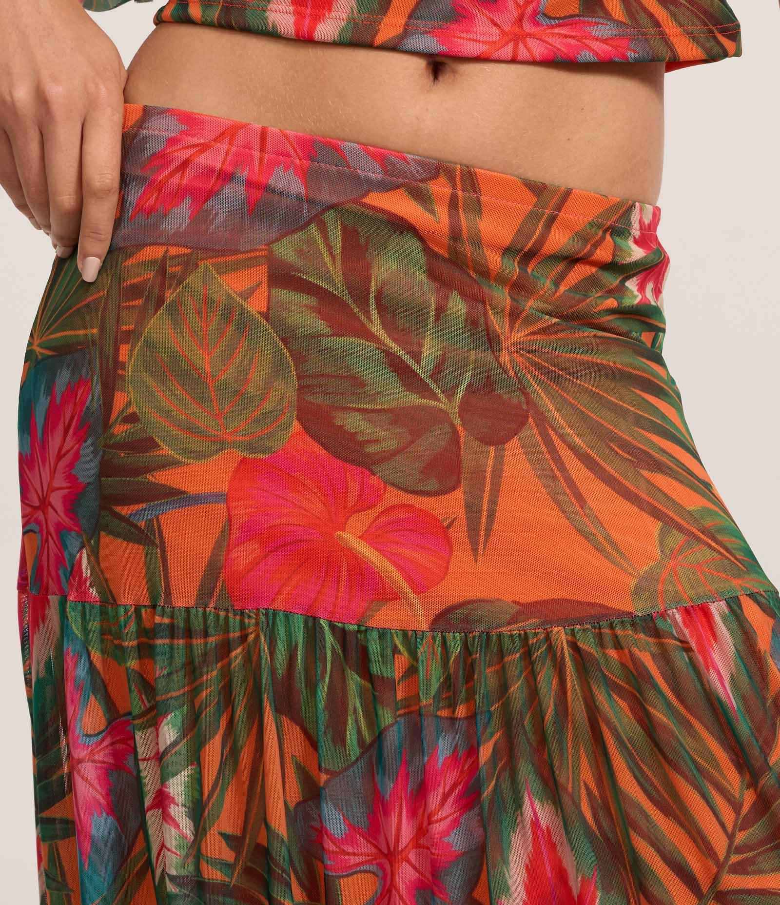 Saia Long Midi em Tule com Estampa Tropical Laranja 4