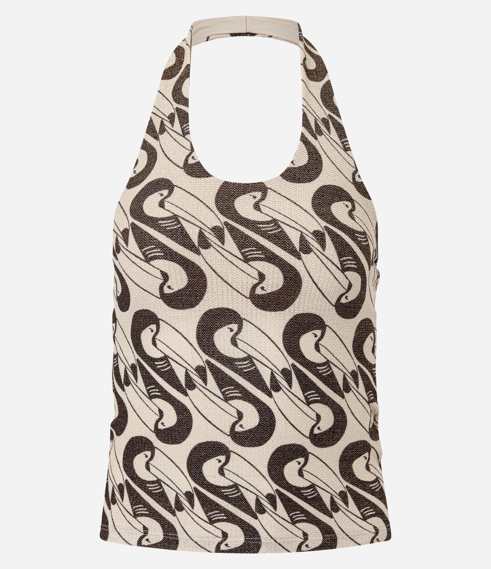 Blusa Frente Única com Fio Metalizado e Estampa Gravataria Bege/Marrom 1