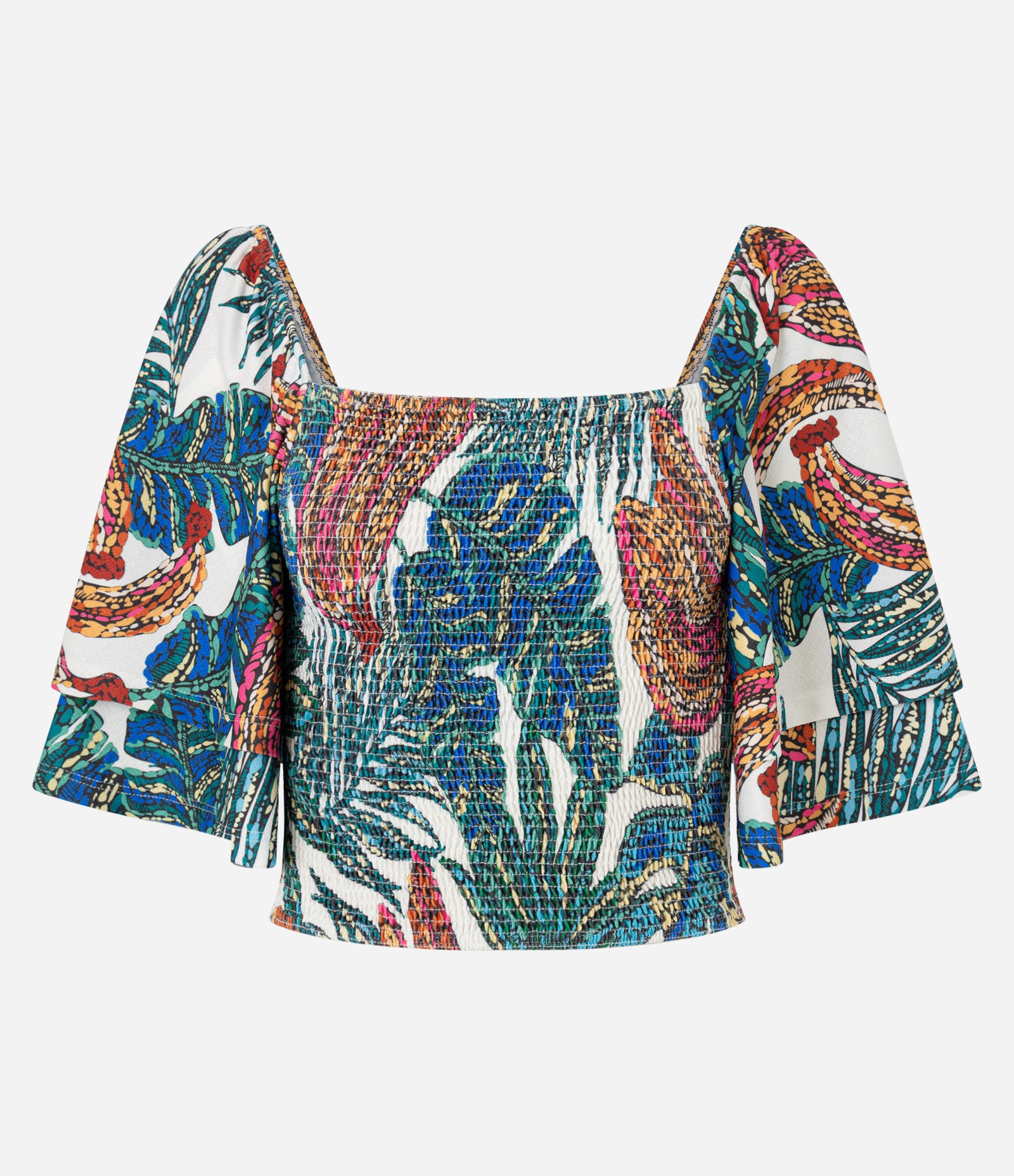 Blusa Cropped com Lastex e Estampa Folhagem Vermelho/Azul/Verde 4