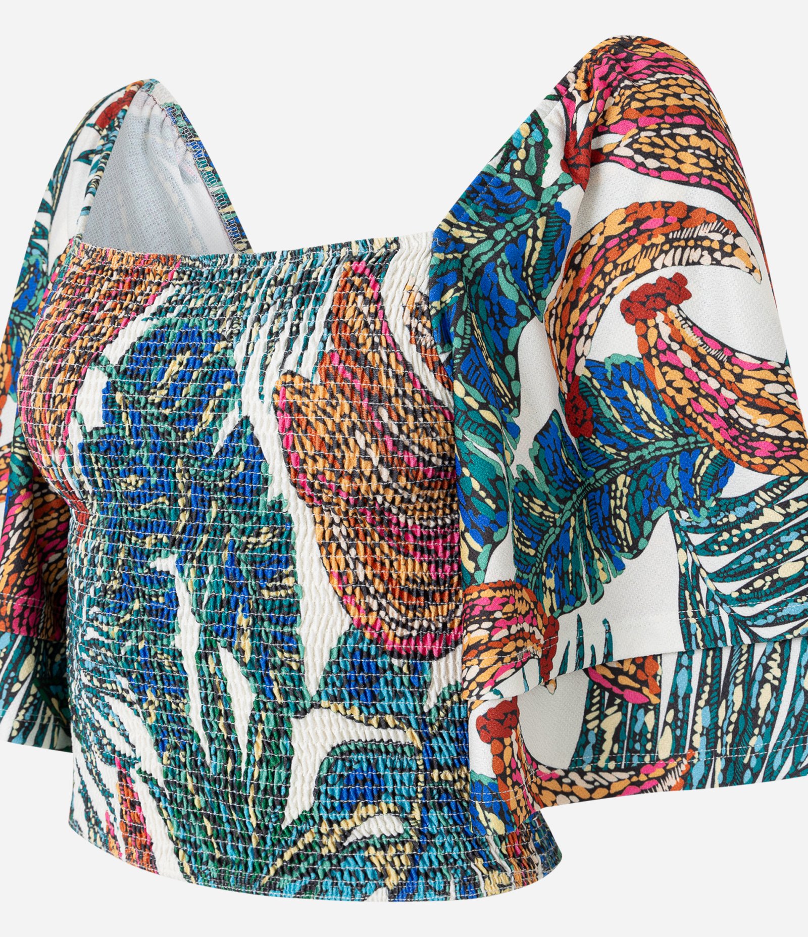 Blusa Cropped com Lastex e Estampa Folhagem Vermelho/Azul/Verde 5