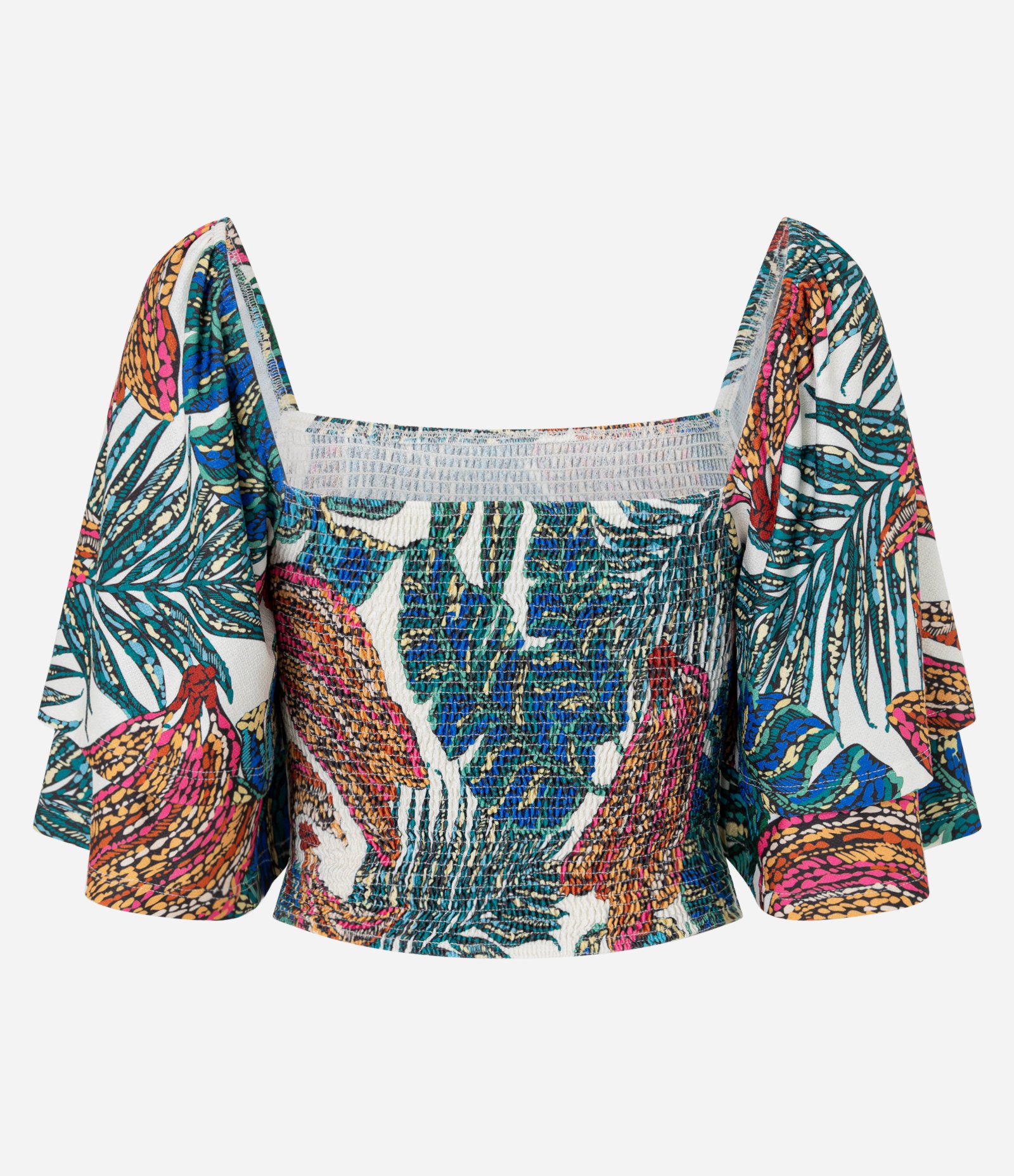 Blusa Cropped com Lastex e Estampa Folhagem Vermelho/Azul/Verde 6