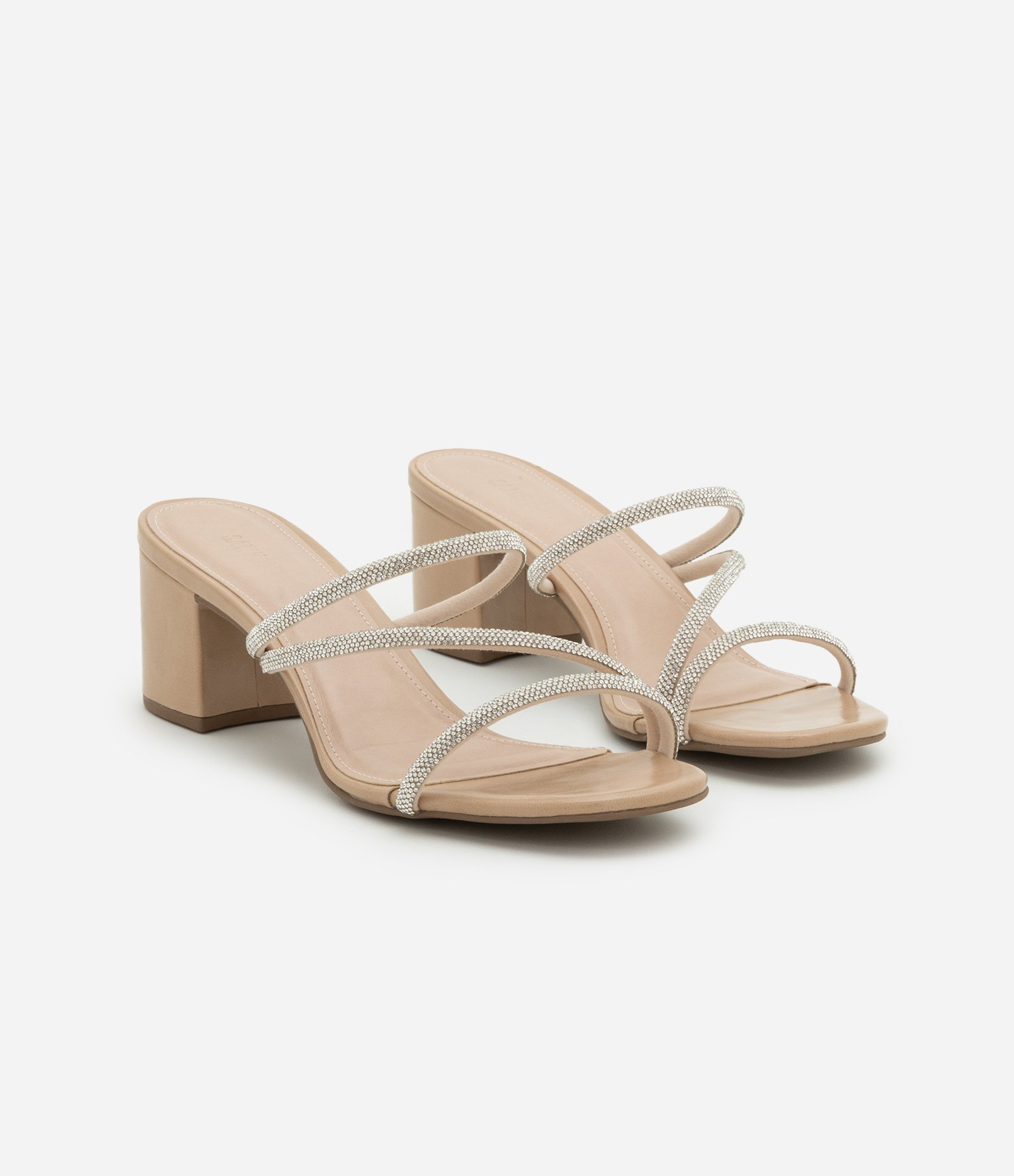 Sandália com Tiras Brilhosas e Salto de Bloco Bege 2