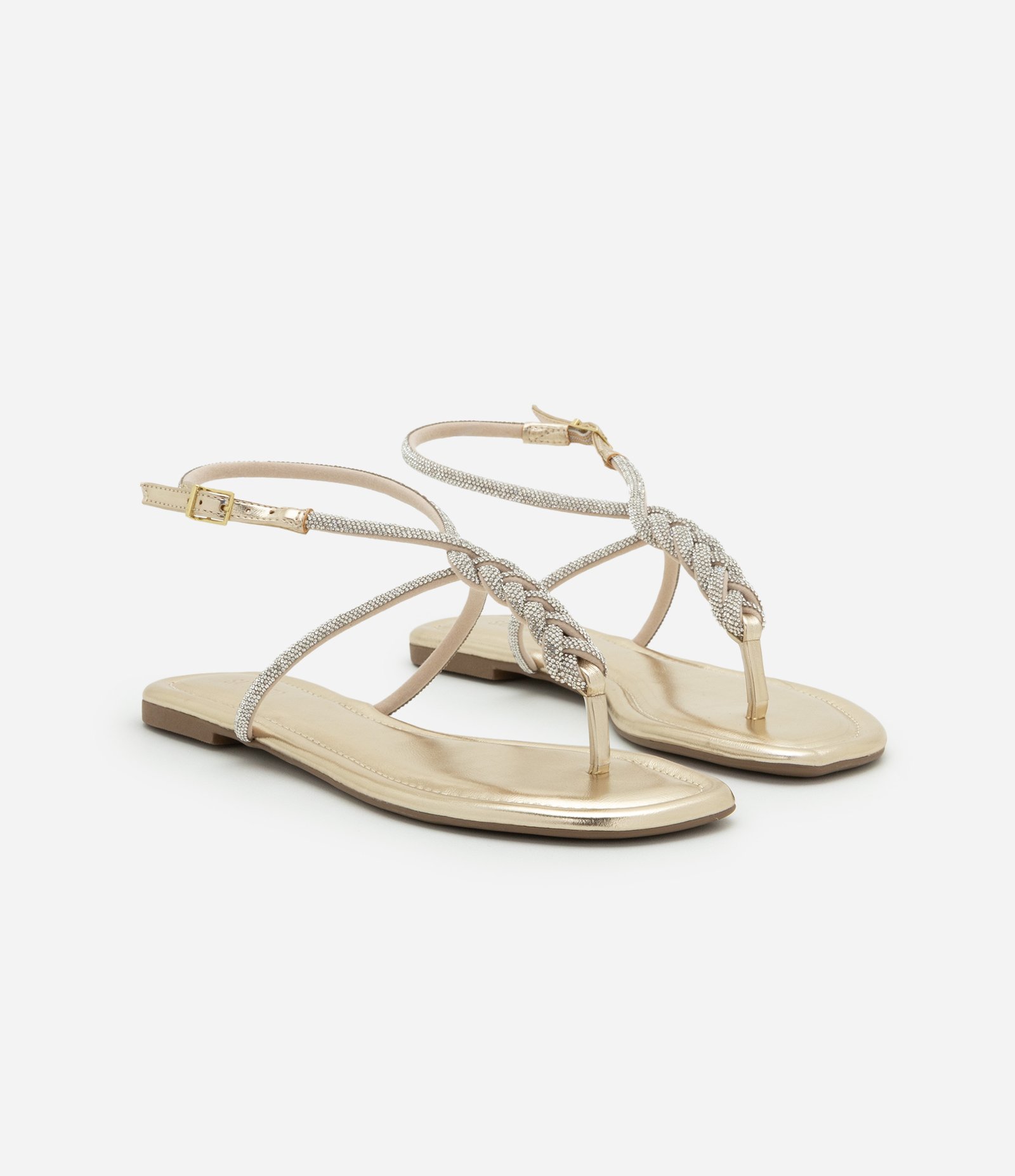 Sandália Rasteira com Tiras Trançadas Brilhosas Dourado 2