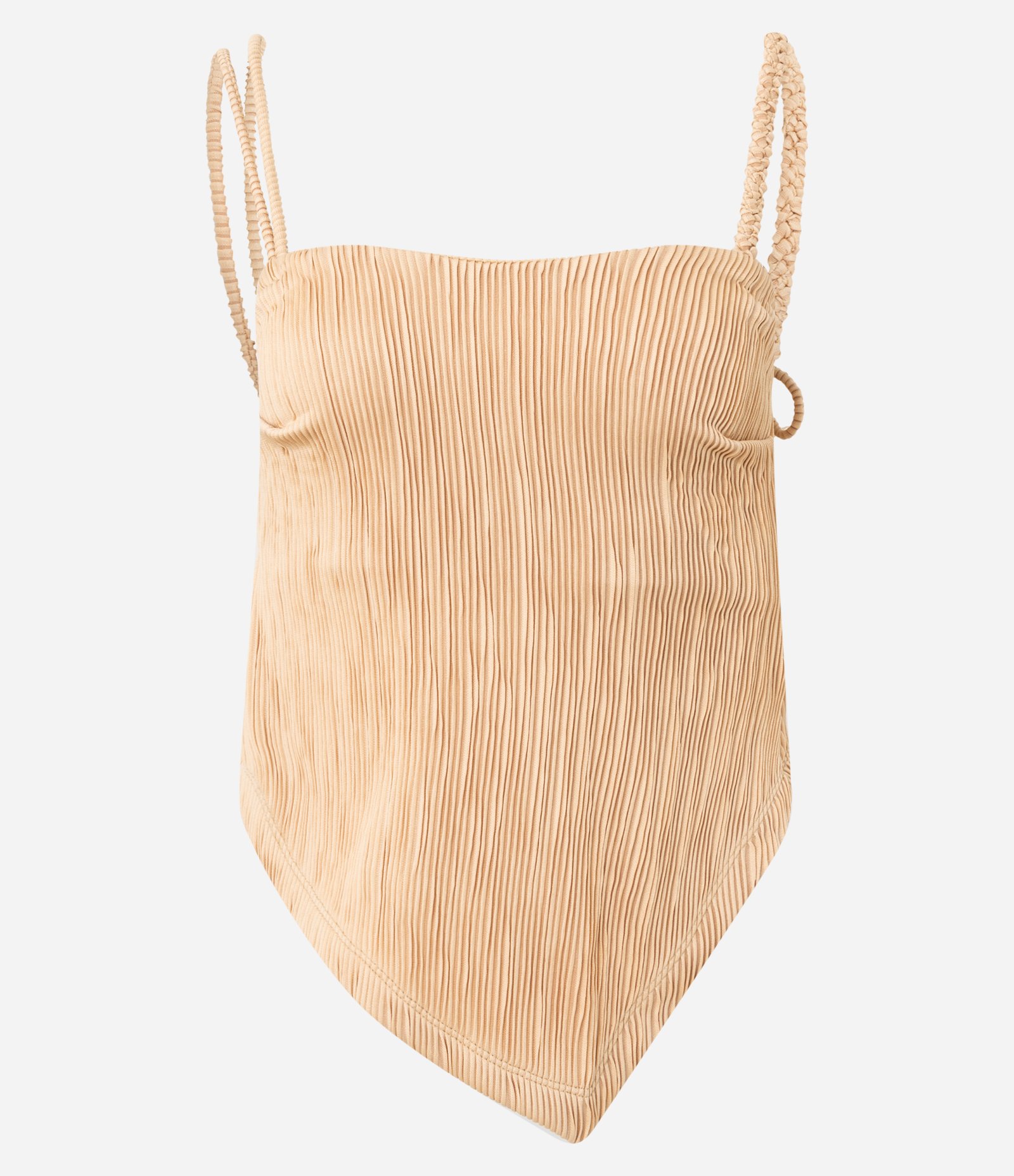 Blusa com Textura Plissada e Alças Diferenciadas com Barra Irregular Bege 5