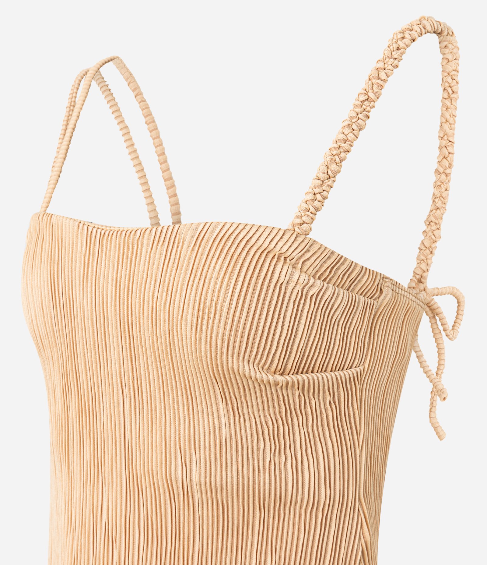 Blusa com Textura Plissada e Alças Diferenciadas com Barra Irregular Bege 6