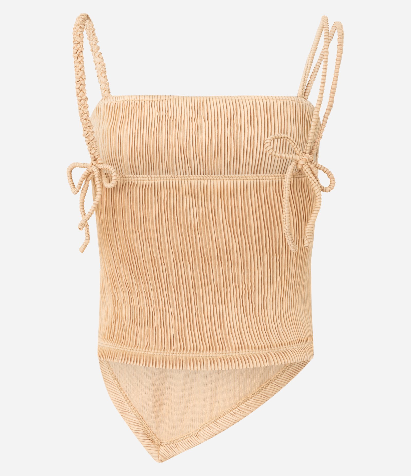 Blusa com Textura Plissada e Alças Diferenciadas com Barra Irregular Bege 7