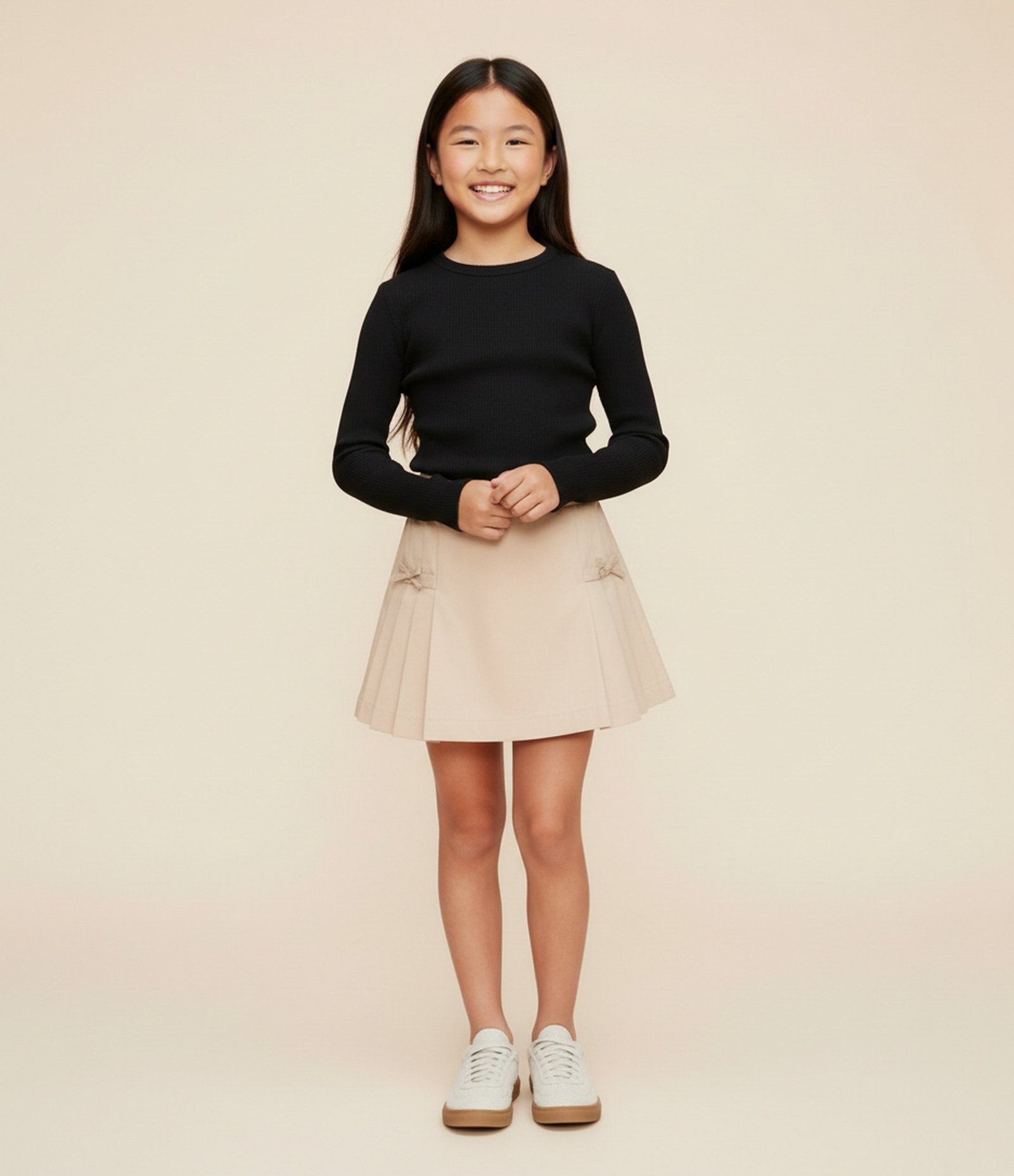 Short Saia Infantil em Sarja com Pregas e Lacinho - Tam 5 a 16 anos Bege 1