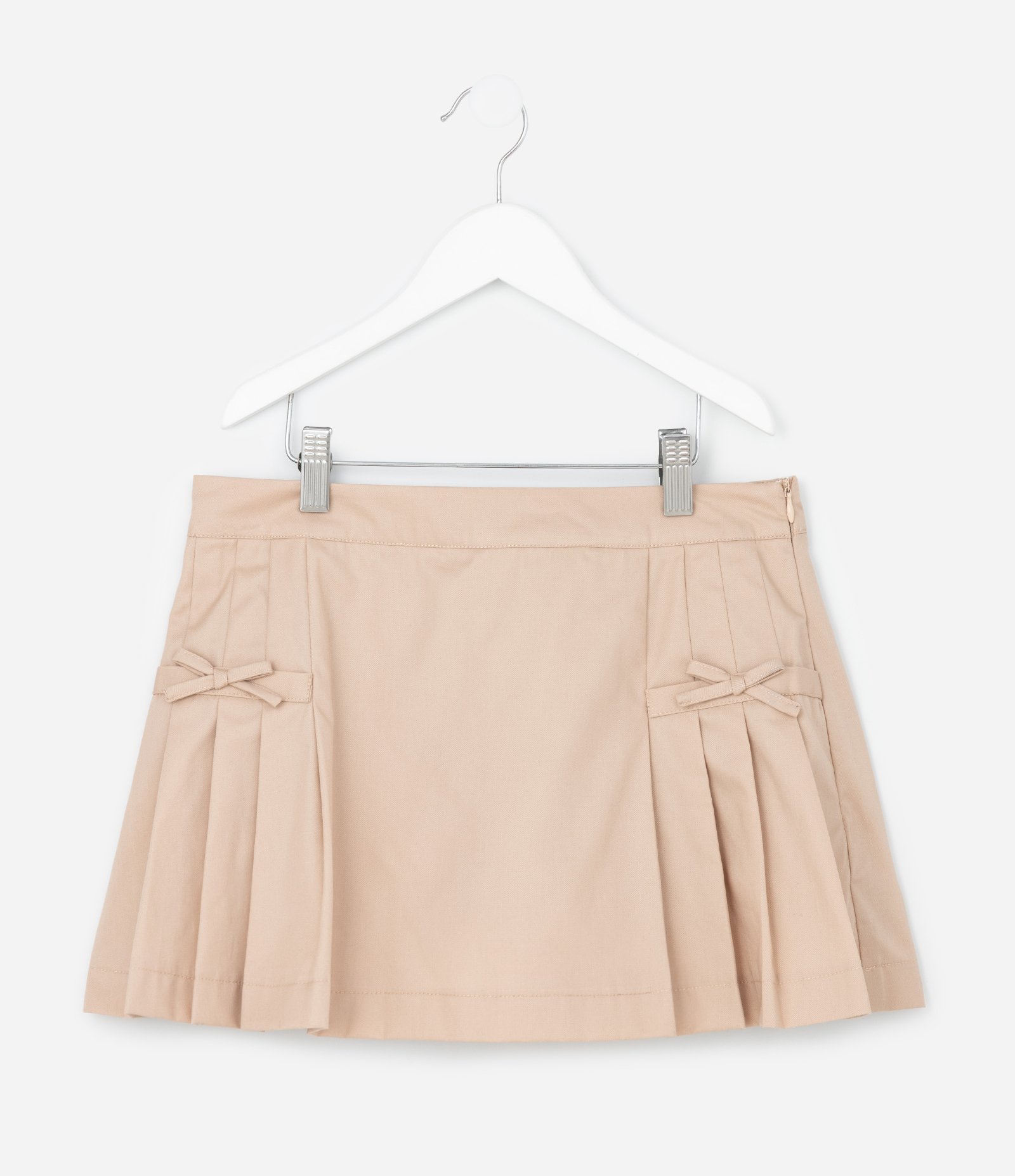 Short Saia Infantil em Sarja com Pregas e Lacinho - Tam 5 a 16 anos Bege 2