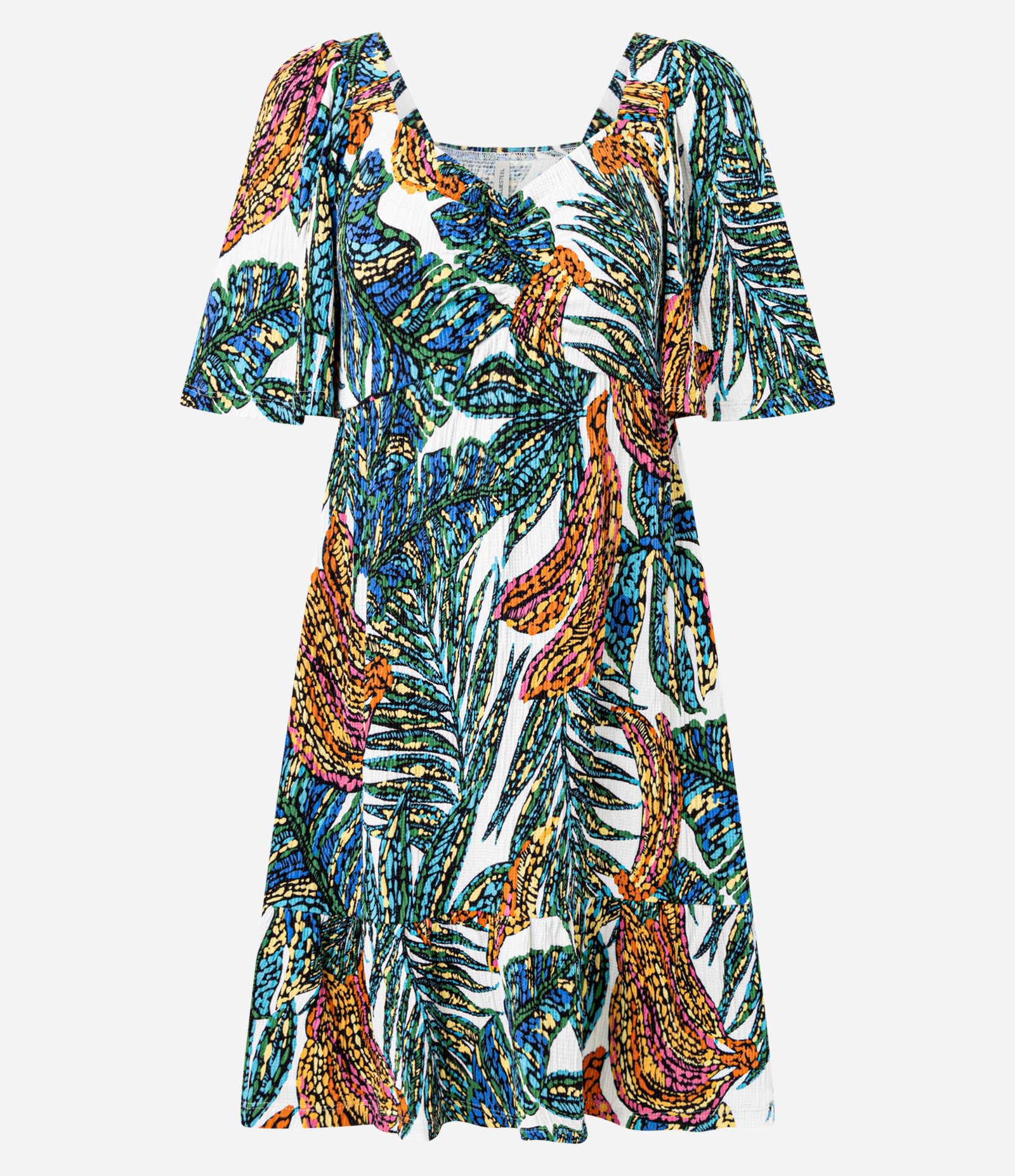 Vestido Curto com Decote Coração e Estampa Tropical Verde/Off White/ Marrom 1