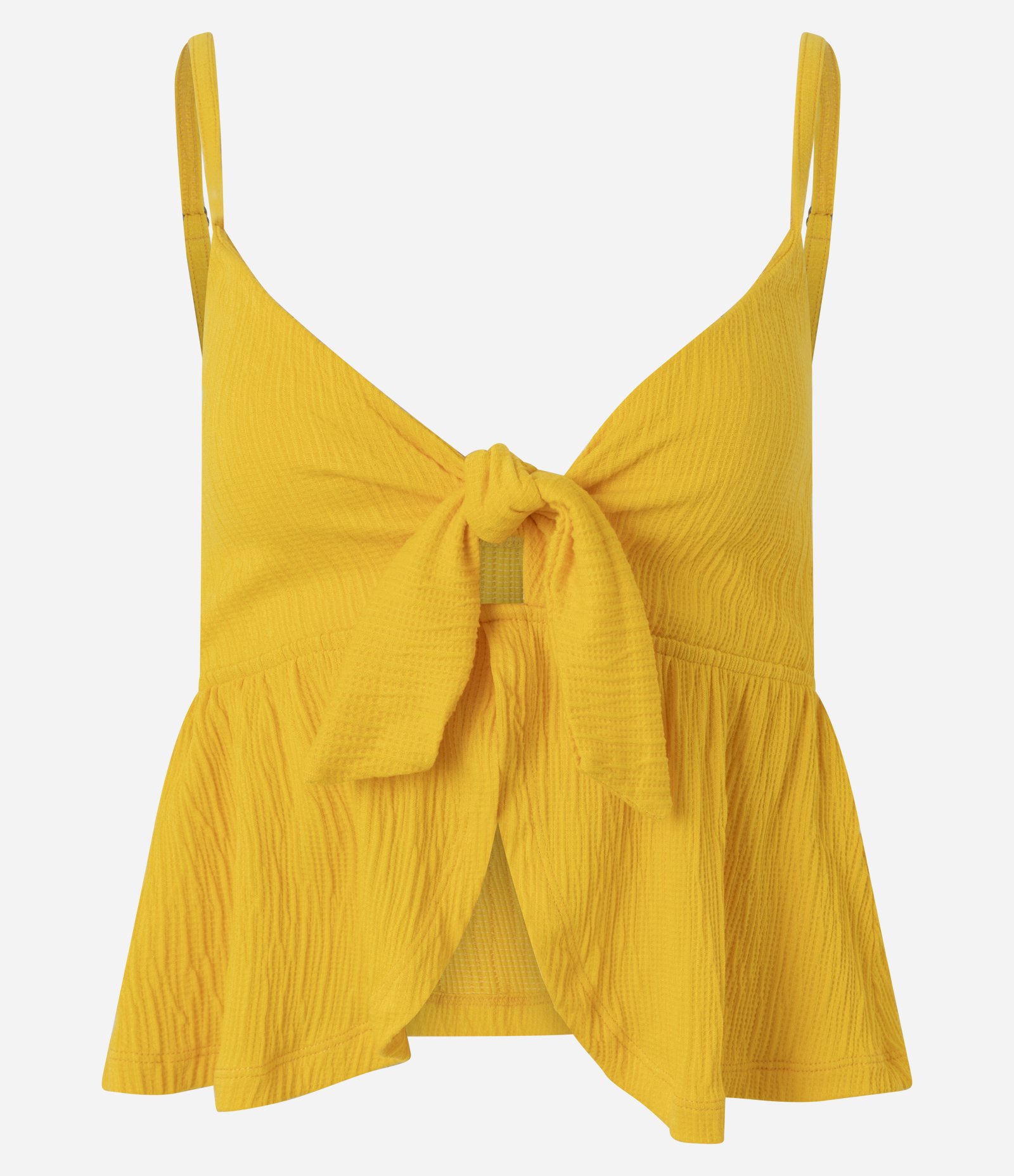 Blusa de Alça em Viscose Texturizada com Laço no Busto Mostarda 1