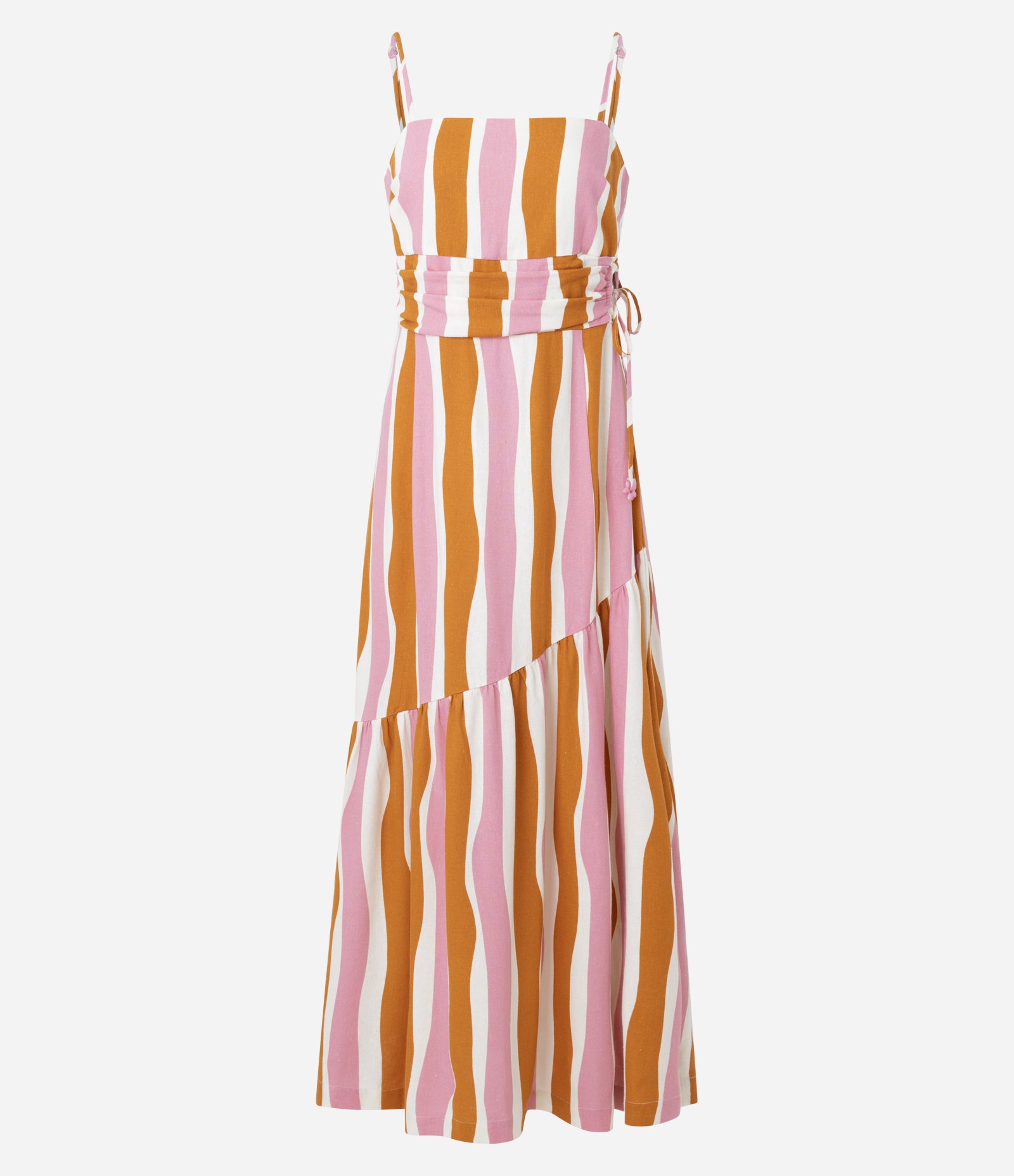 Vestido Long Midi em Viscose com Listra Ondulada e Alças Finas Rosa / Laranja 4