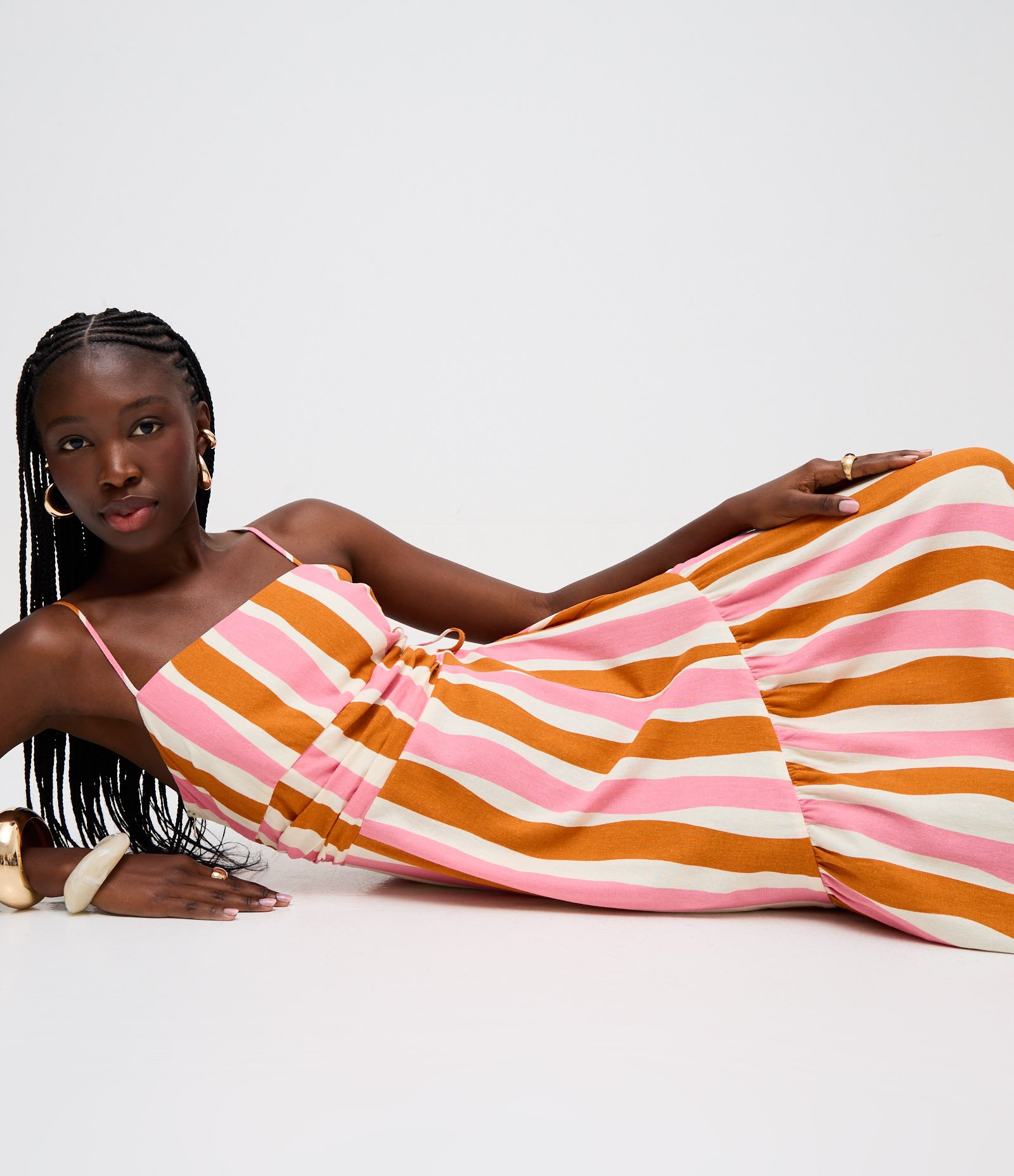 Vestido Long Midi em Viscose com Listra Ondulada e Alças Finas Rosa / Laranja 2