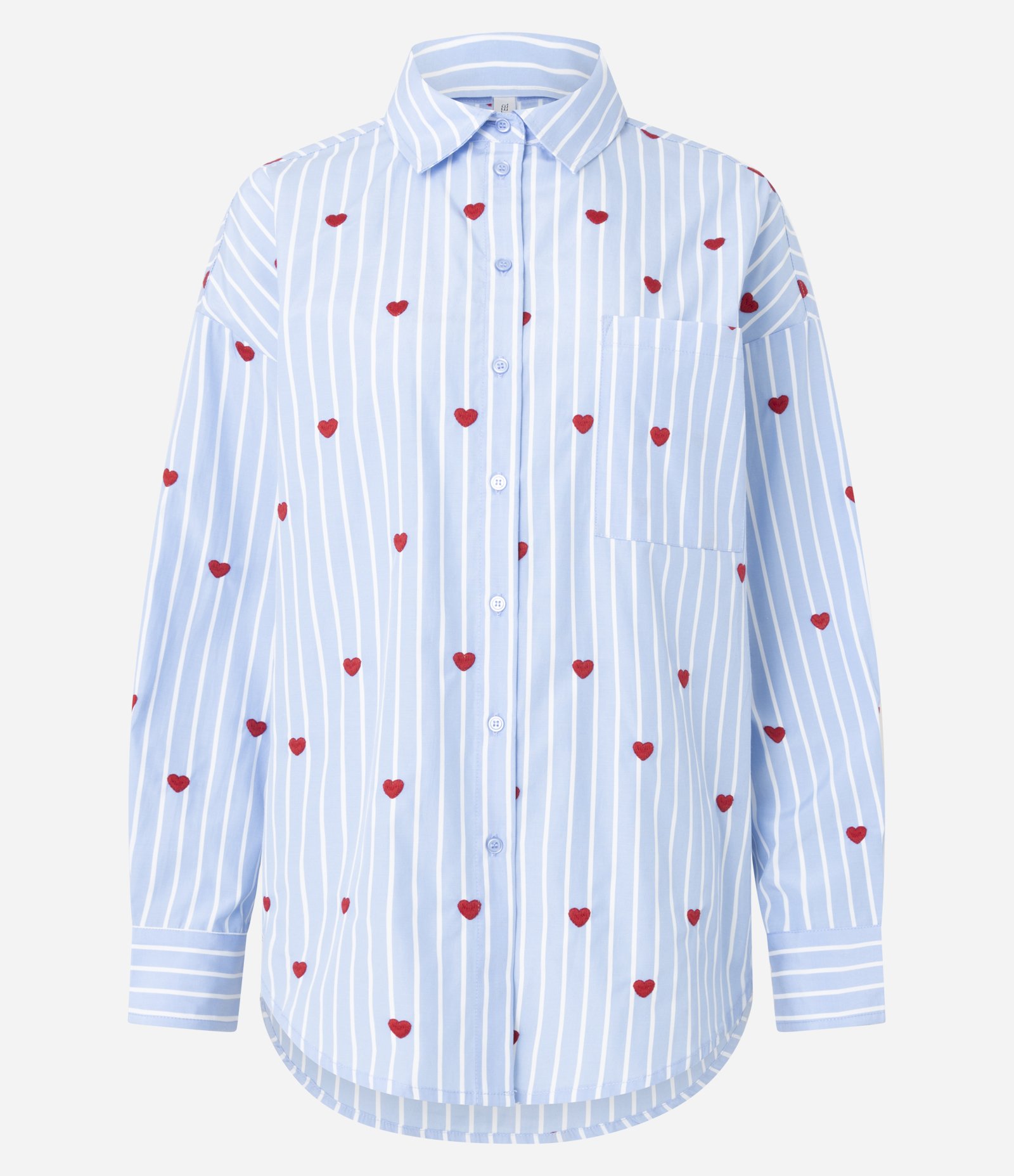 Camisa Alongada em Tricoline com Bordado de Corações e Listras Azul 1