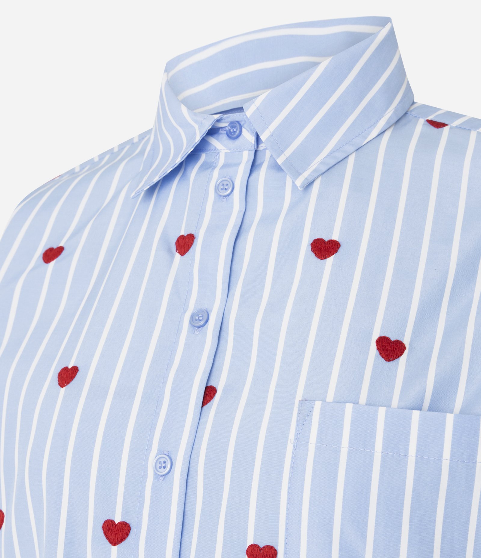 Camisa Alongada em Tricoline com Bordado de Corações e Listras Azul 2