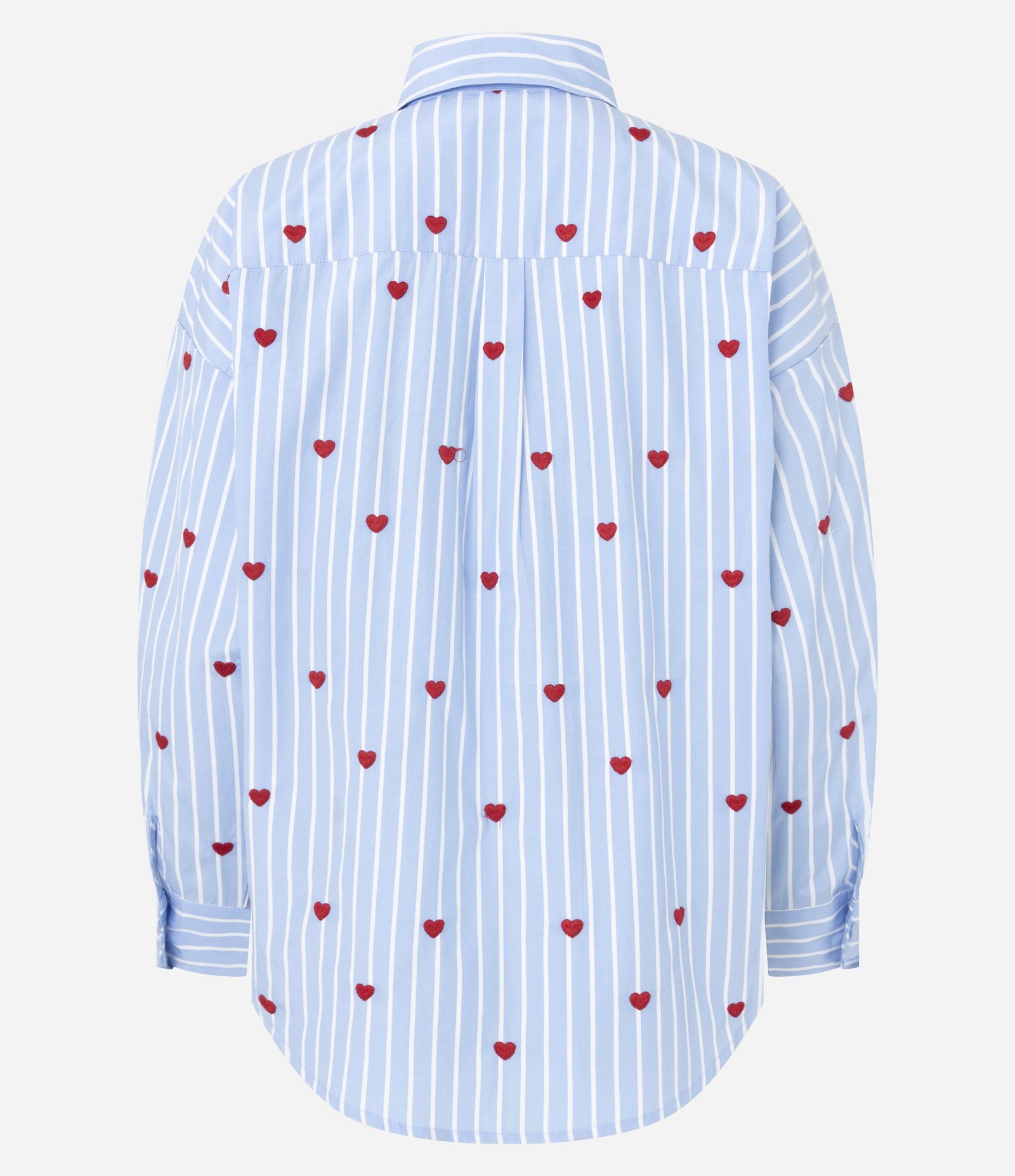 Camisa Alongada em Tricoline com Bordado de Corações e Listras Azul 3