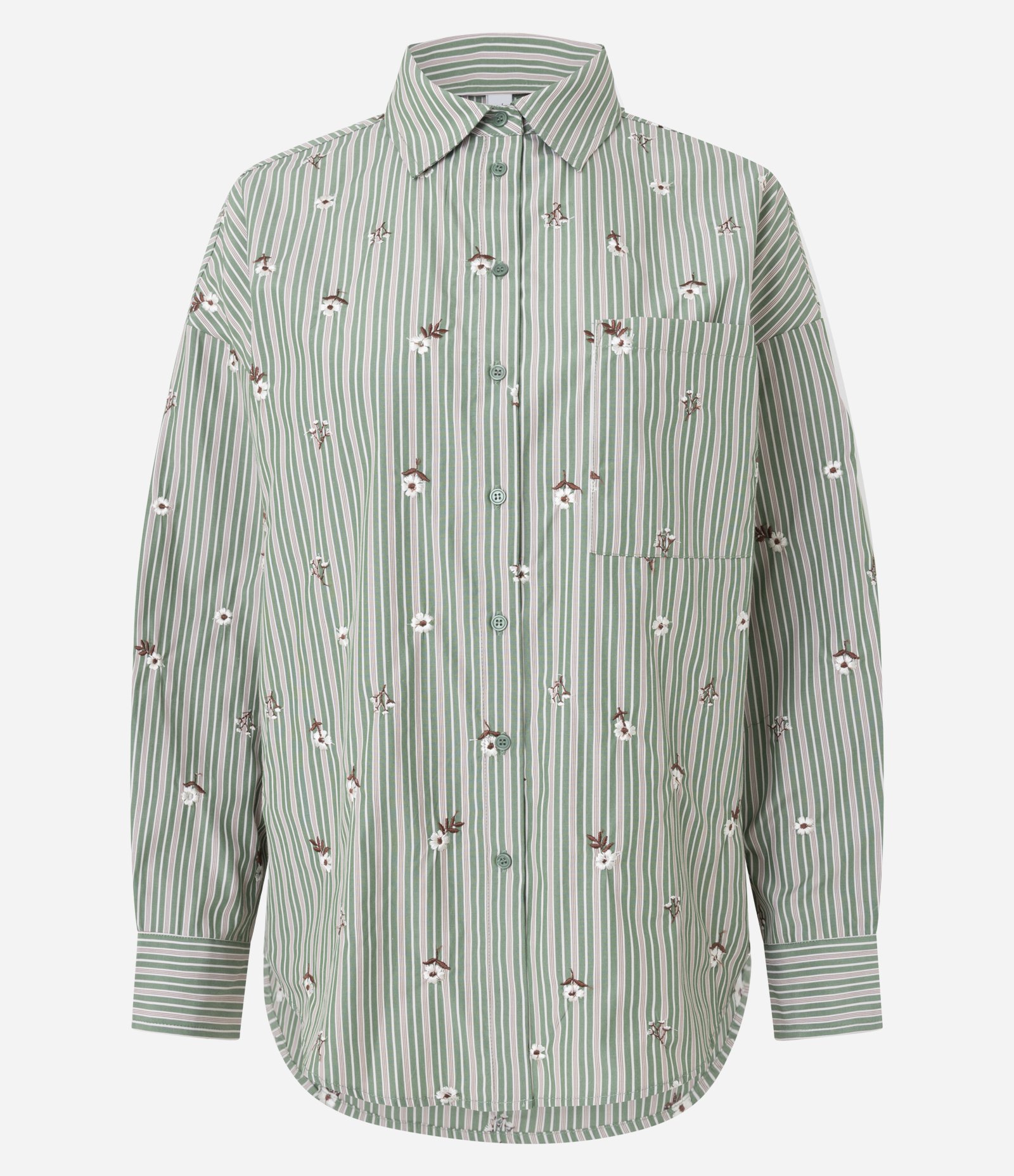 Camisa Alongada em Tricoline com Estampa Floral Verde 1