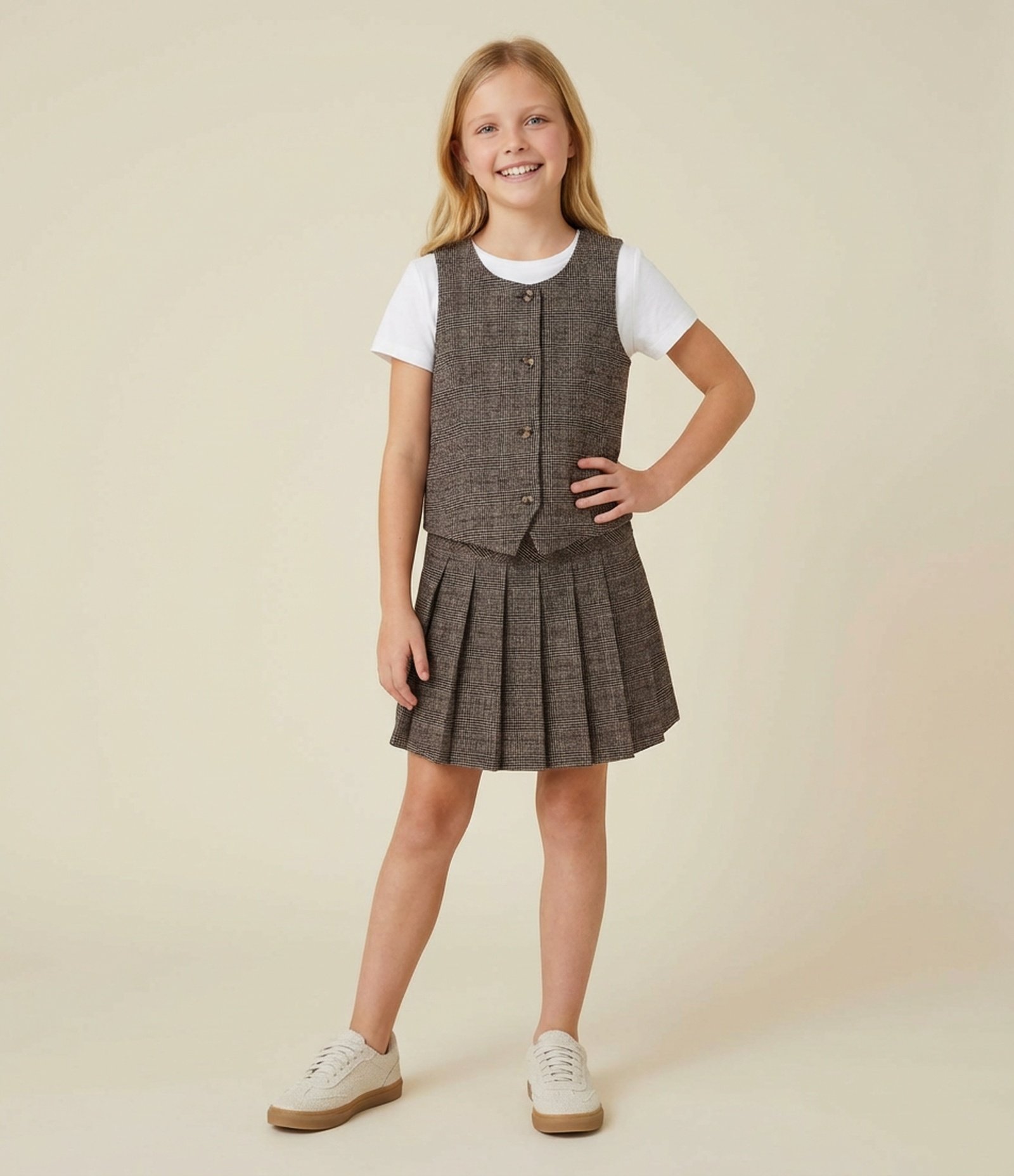 Colete Infantil Alfaiatado em Xadrez com Bolsos Fake – Tam 5 a 14 Anos Marrom 1