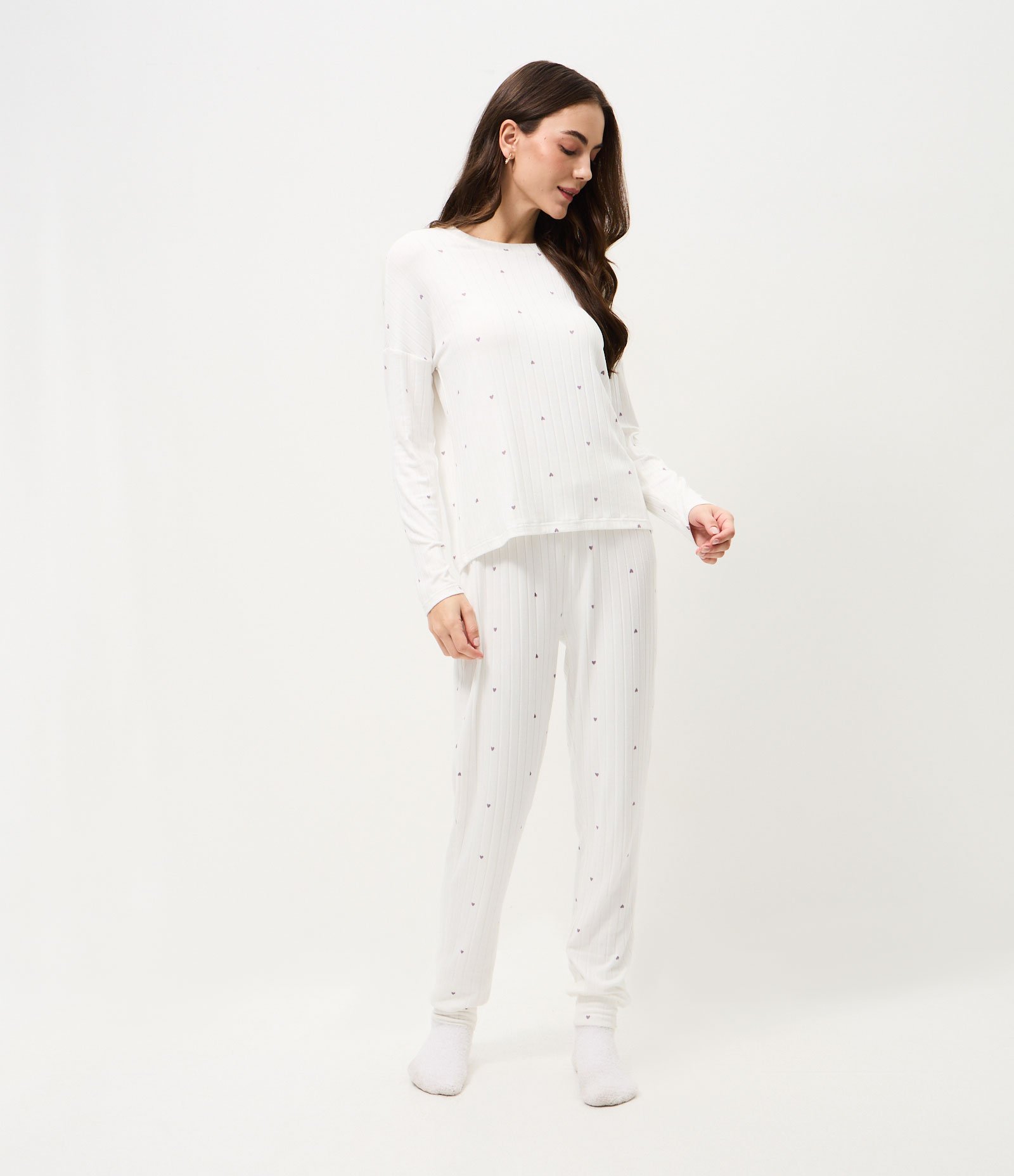Pijama Longo em Tricô com Estampa de Cerejas Branco 1