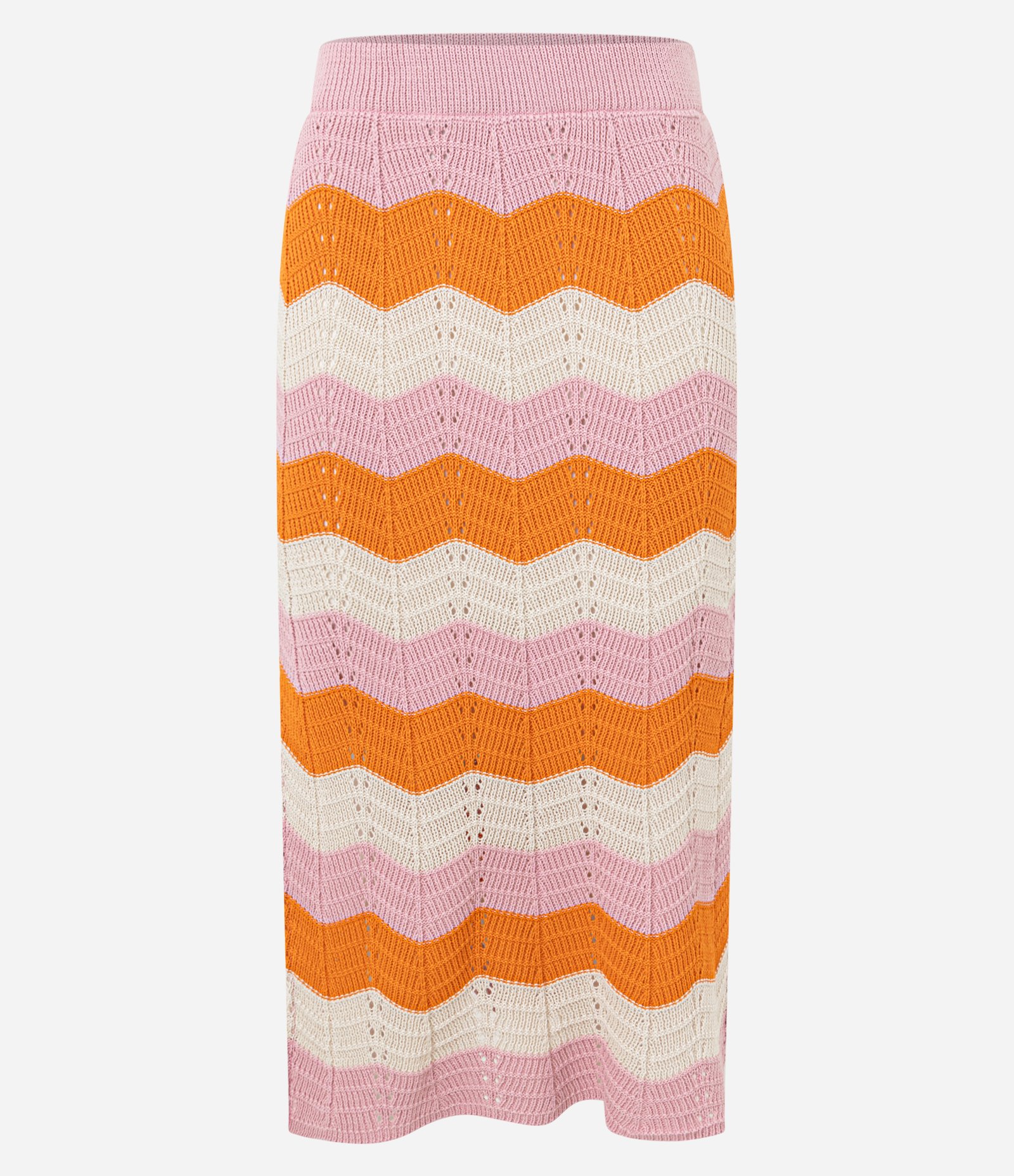 Saia Midi em Tricô com Listras Horizontais Zigue-Zague Rosa/Laranja/Off White 6