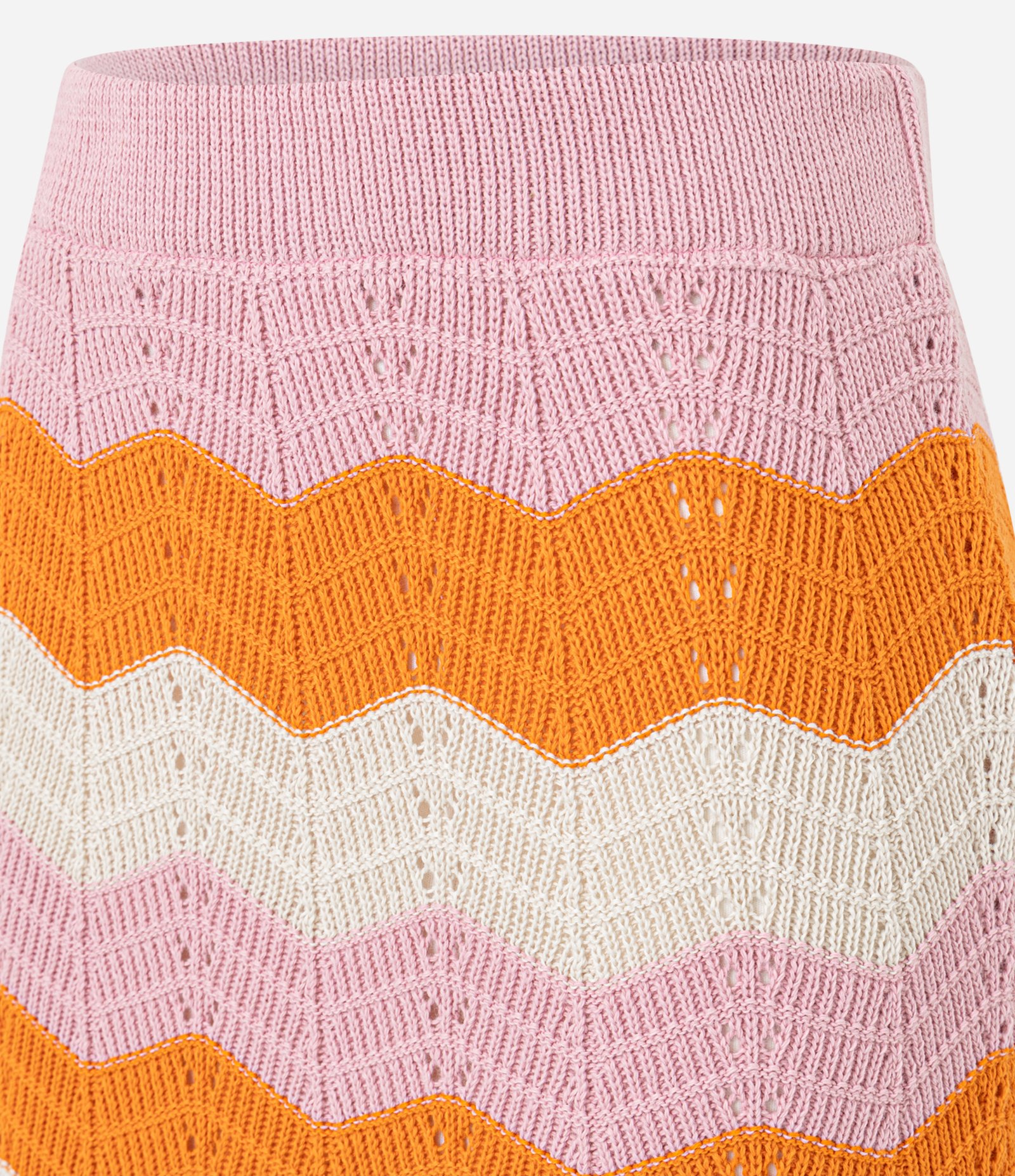 Saia Midi em Tricô com Listras Horizontais Zigue-Zague Rosa/Laranja/Off White 7