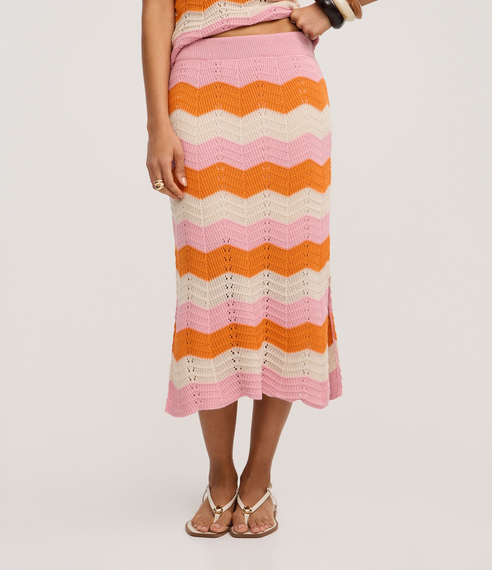 Saia Midi em Tricô com Listras Horizontais Zigue-Zague Rosa/Laranja/Off White 3