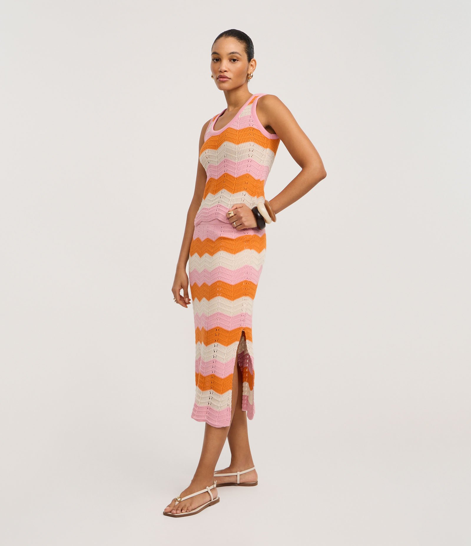 Saia Midi em Tricô com Listras Horizontais Zigue-Zague Rosa/Laranja/Off White 5