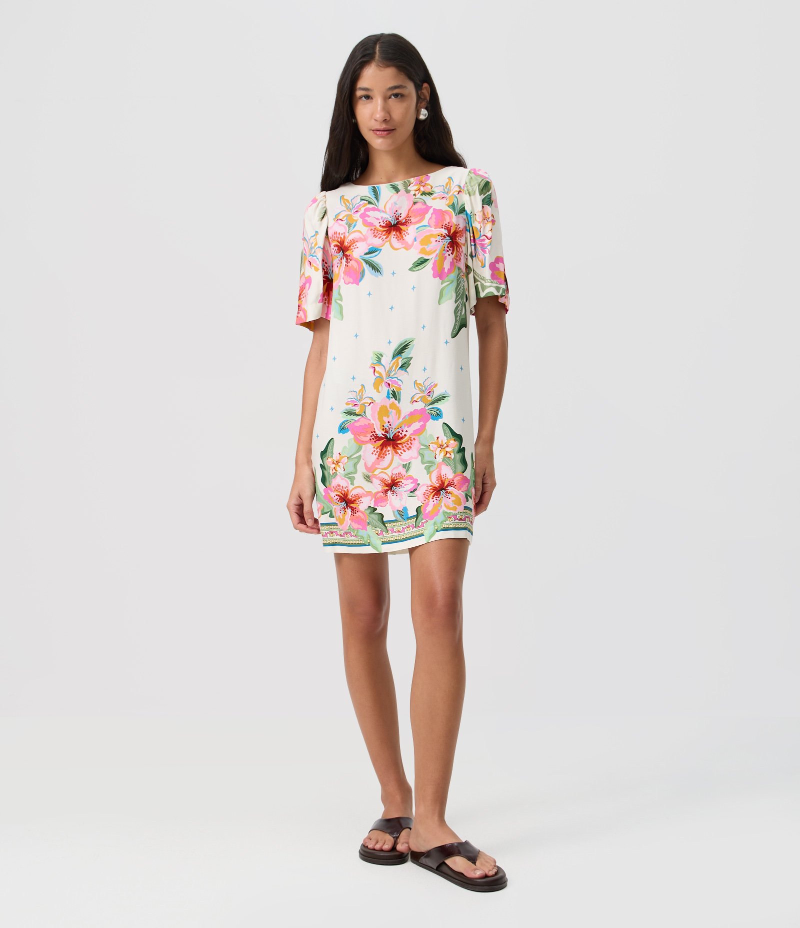 Vestido Curto com Estampa Floral e Abertura nas Costas Off White 1