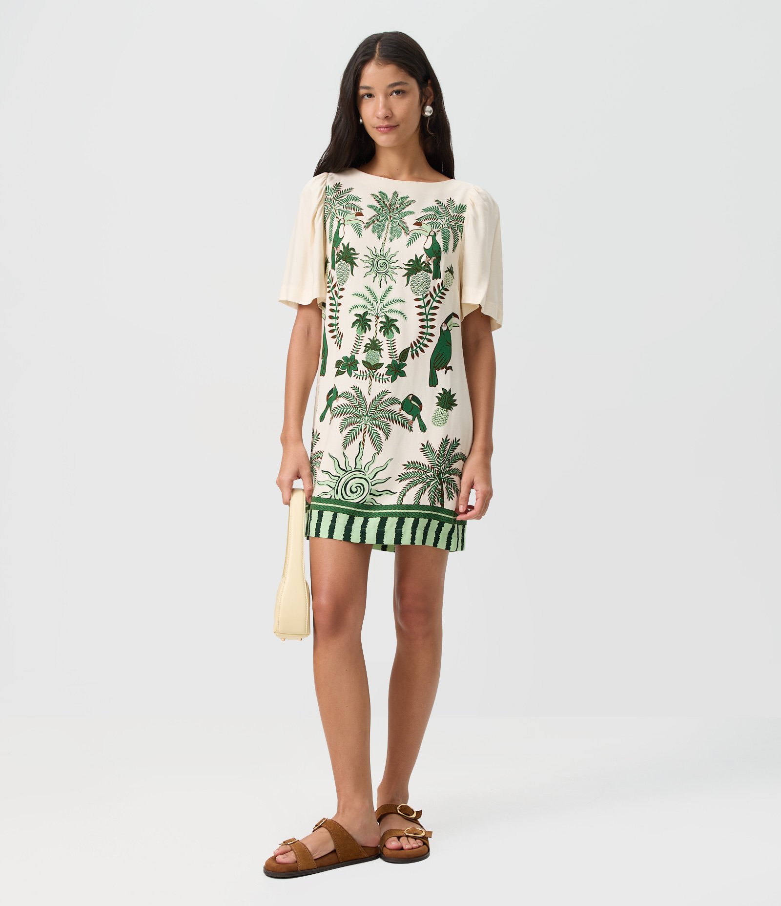 Vestido T-Shirt Curto com Estampa Tropical e Abertura nas Costas Off White 1