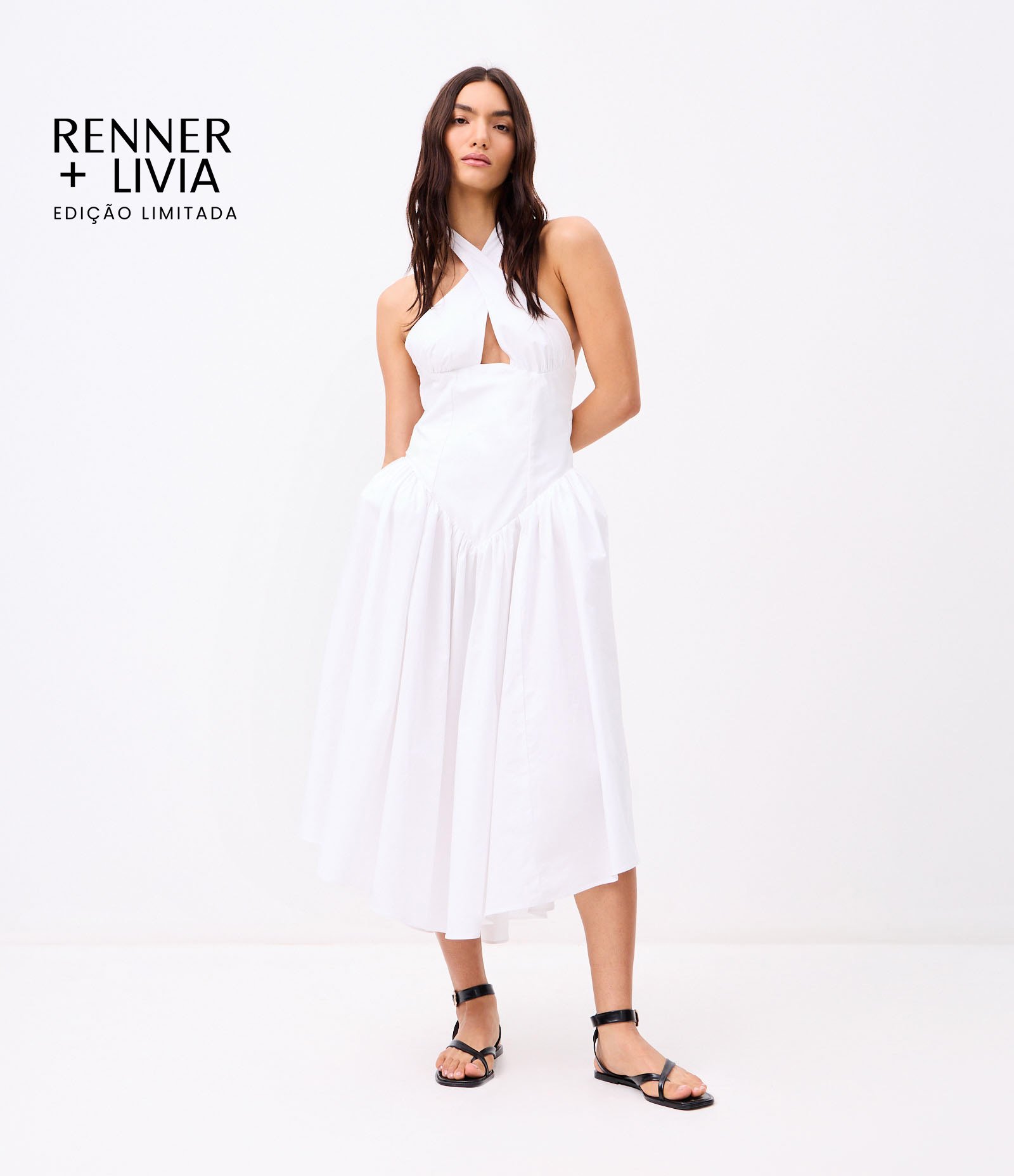 Vestido Evasê em Tricoline com Decote Cruzado e Saia Rodada Branco 2