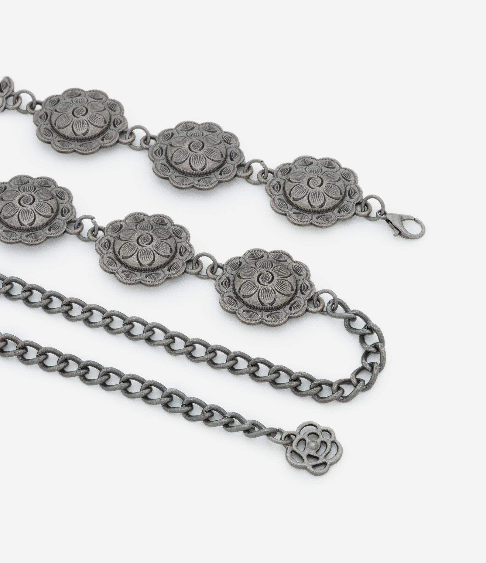 Cinto Médio em Corrente de Metal com Detalhes de Flores Prata 2