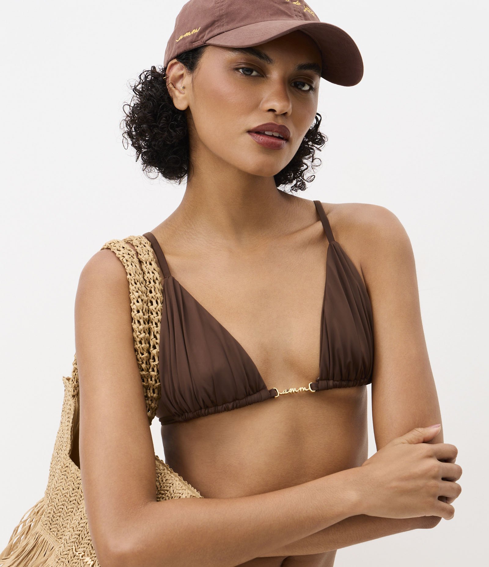 Biquíni Top Cortininha em Microfibra com Aviamento de Metal Marrom 2