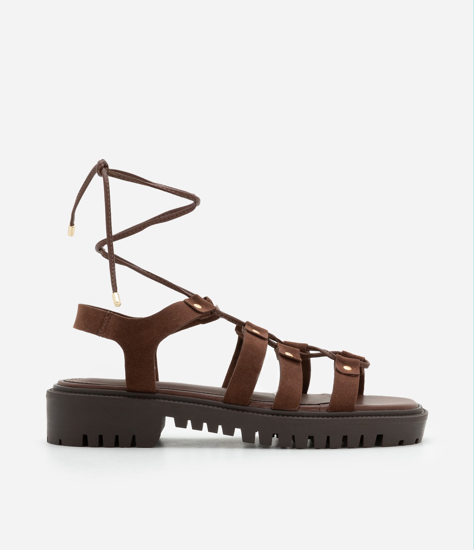 Sandália Rasteira com Sola Tratorada e Tiras de Amarração Camurçados Marrom 1