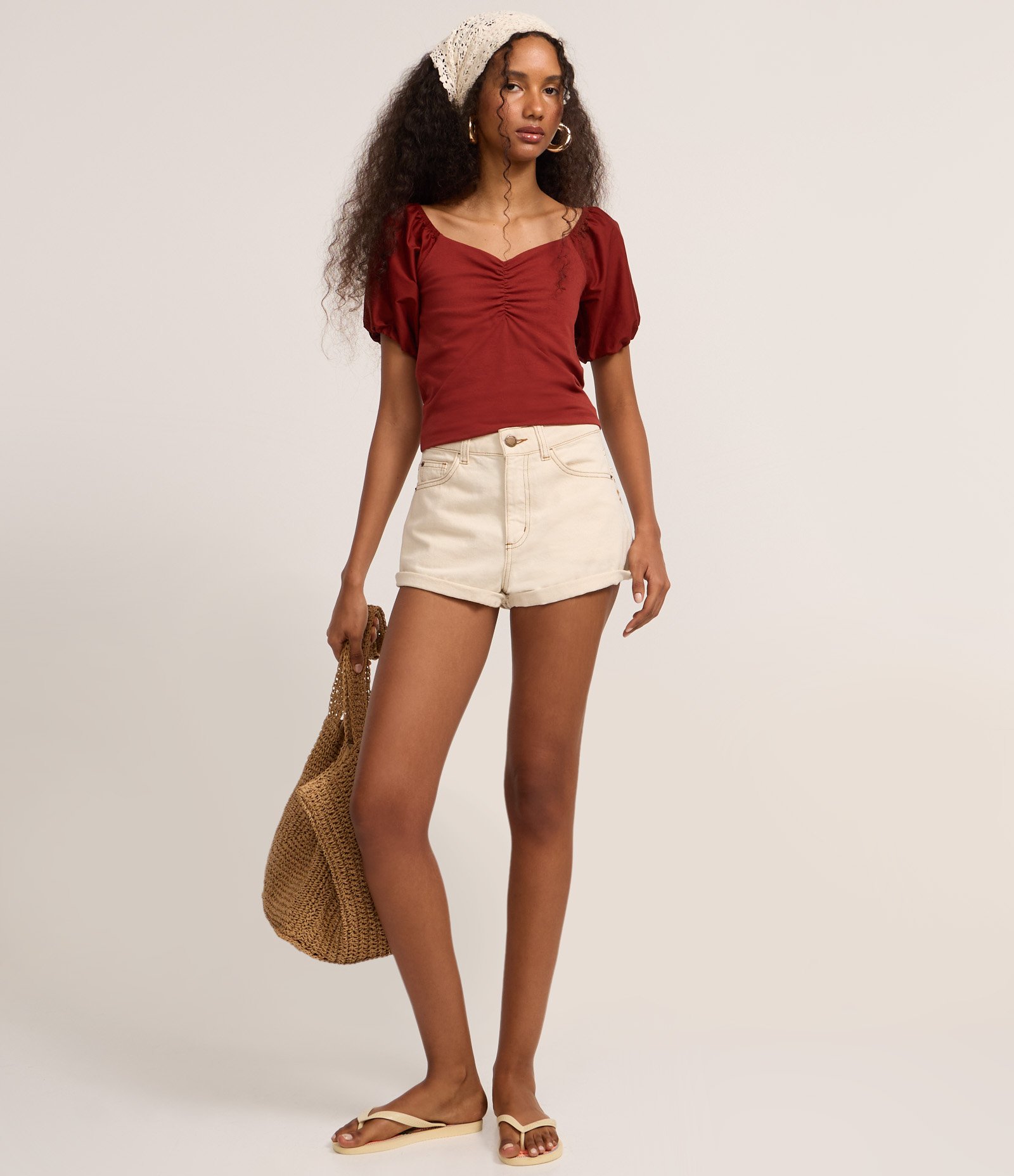 Blusa em Tricoline com Franzidinho no Busto Vermelho 2