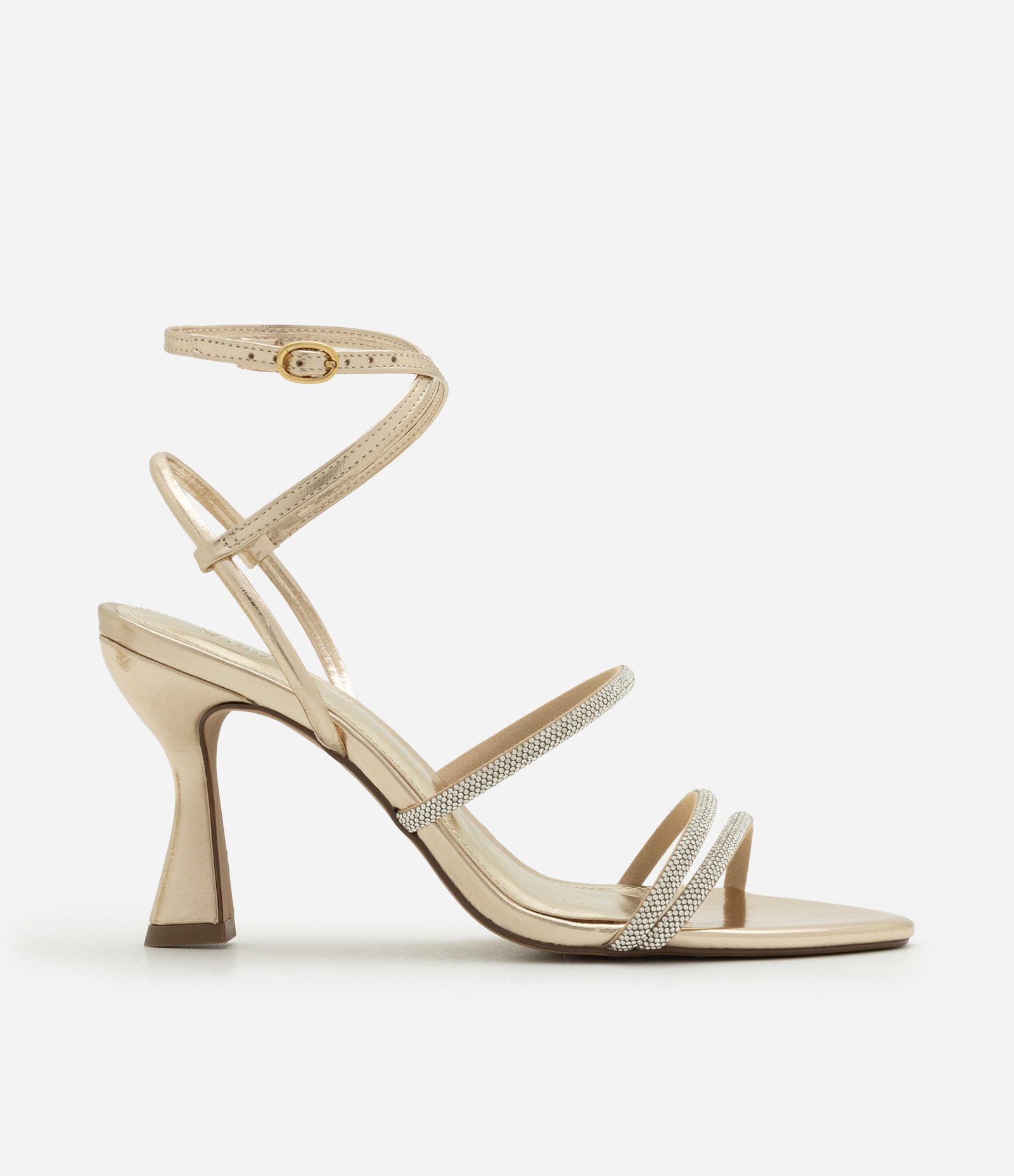 Sandália com Tiras Finas de Strass e Bico Fino Dourado 1