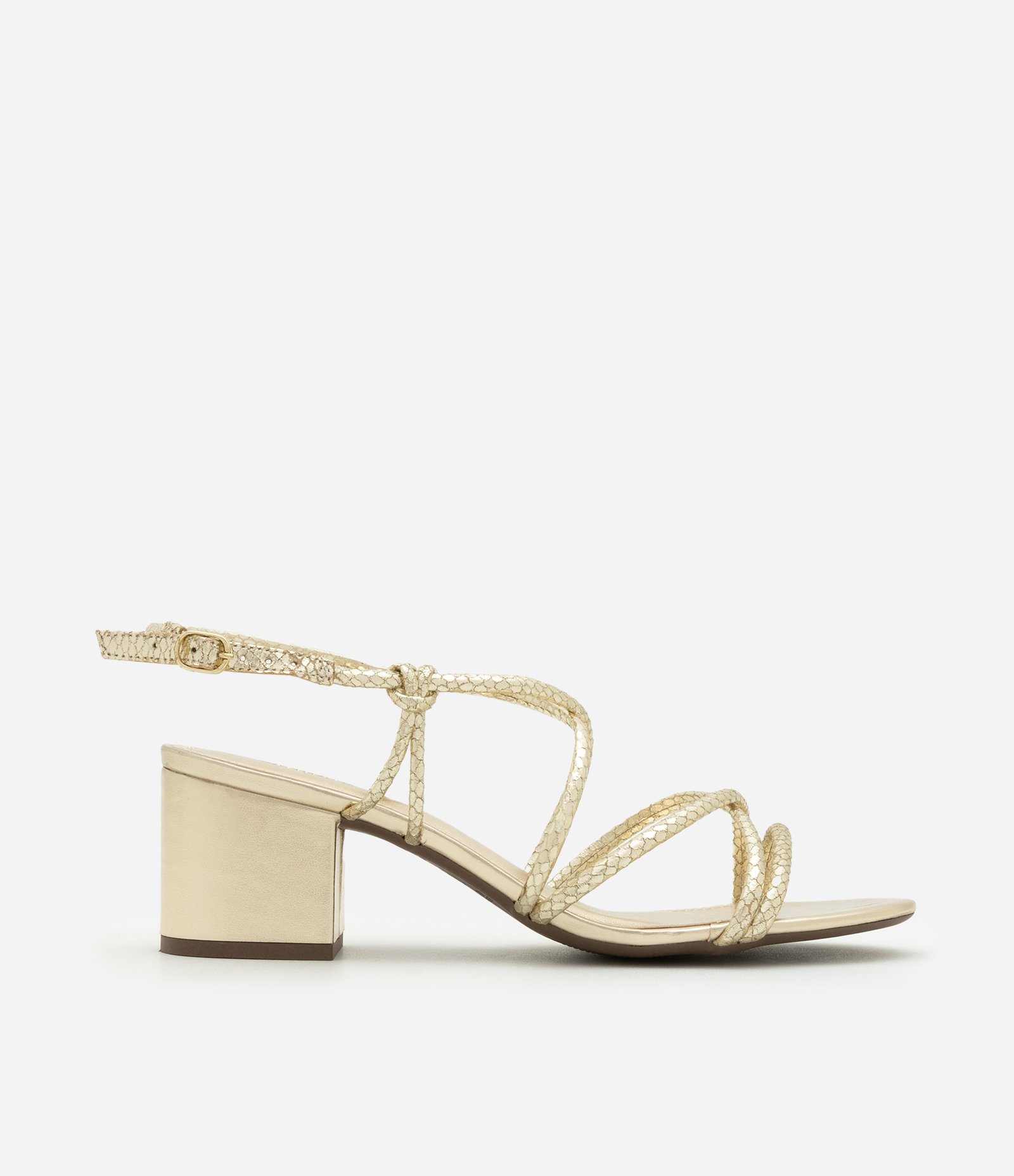Sandália de Tiras com Textura Cobra e Salto Bloco Dourado 1