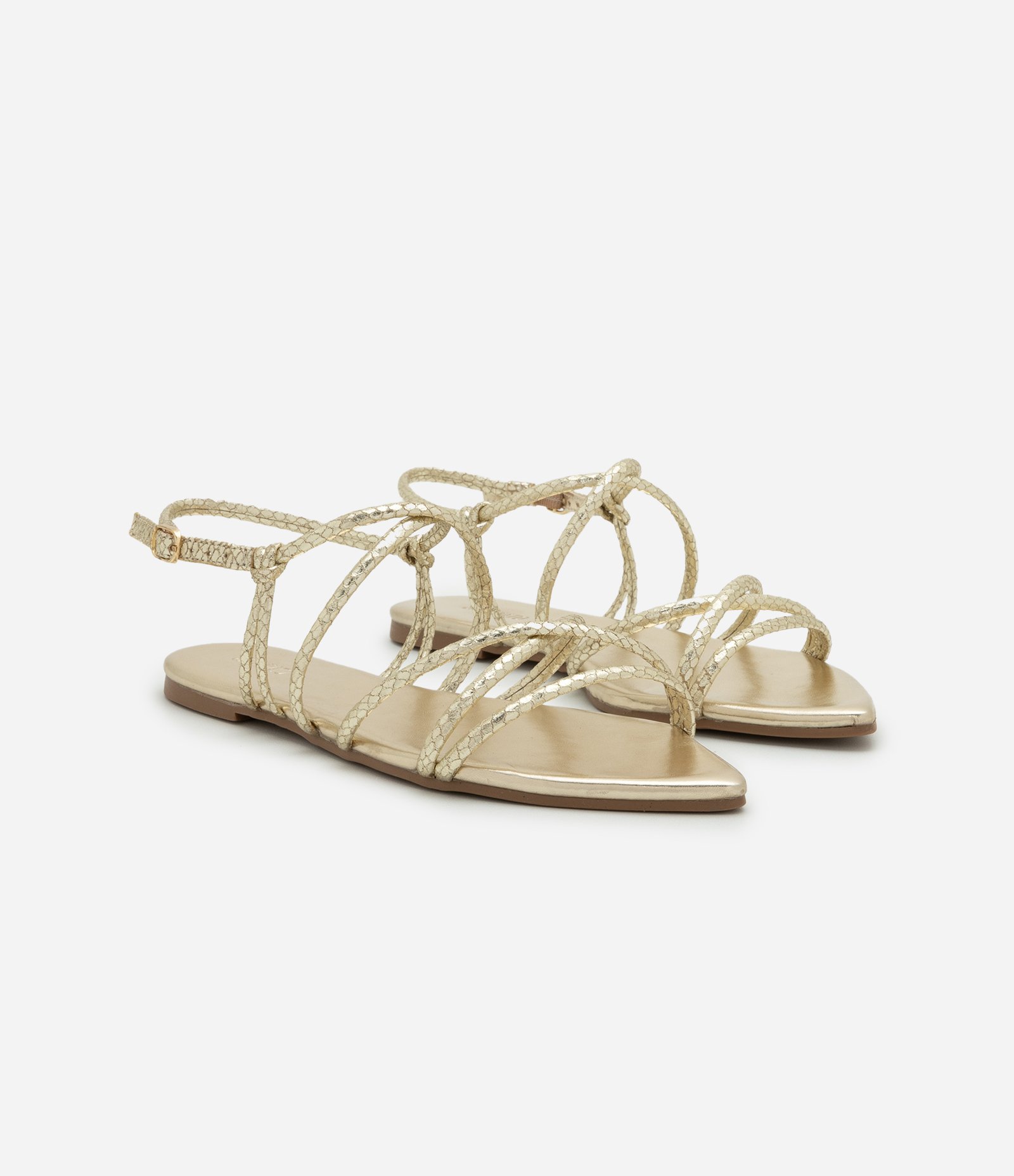 Sandália Rasteira com Bico Folha e Tiras com Efeito Cobra Dourado 2